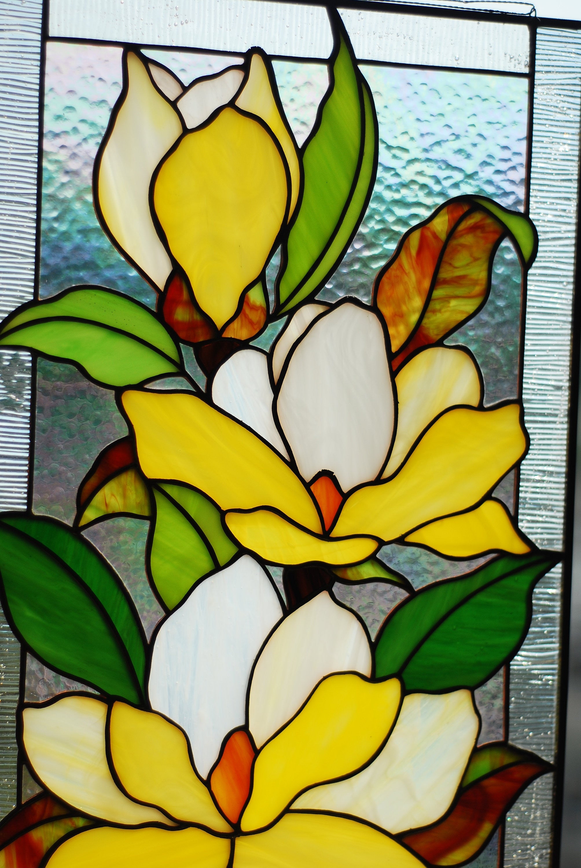 Yellow Magnolia Stained Glass Window Panel, Handmade Floral Suncatcher