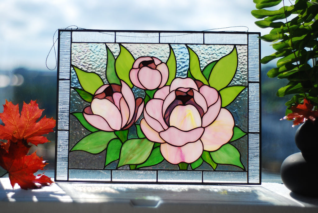 Pink Peony Stained Glass Panel, Handmade Floral Window Hangings 11.5x15.5 In, Unique Gift for Mom, Custom Stained Glass Art