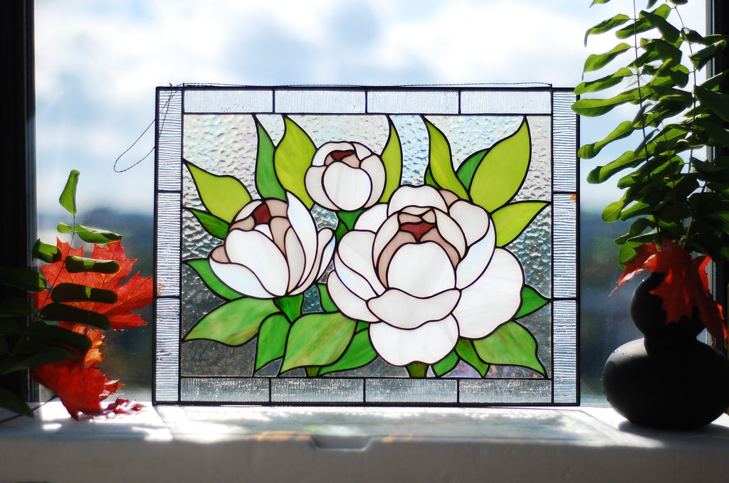 White peony stained glass panel, Flower window hangings Flower stained glass suncatcher, Tiffany window decor, Mother’s Day gift, Glass art