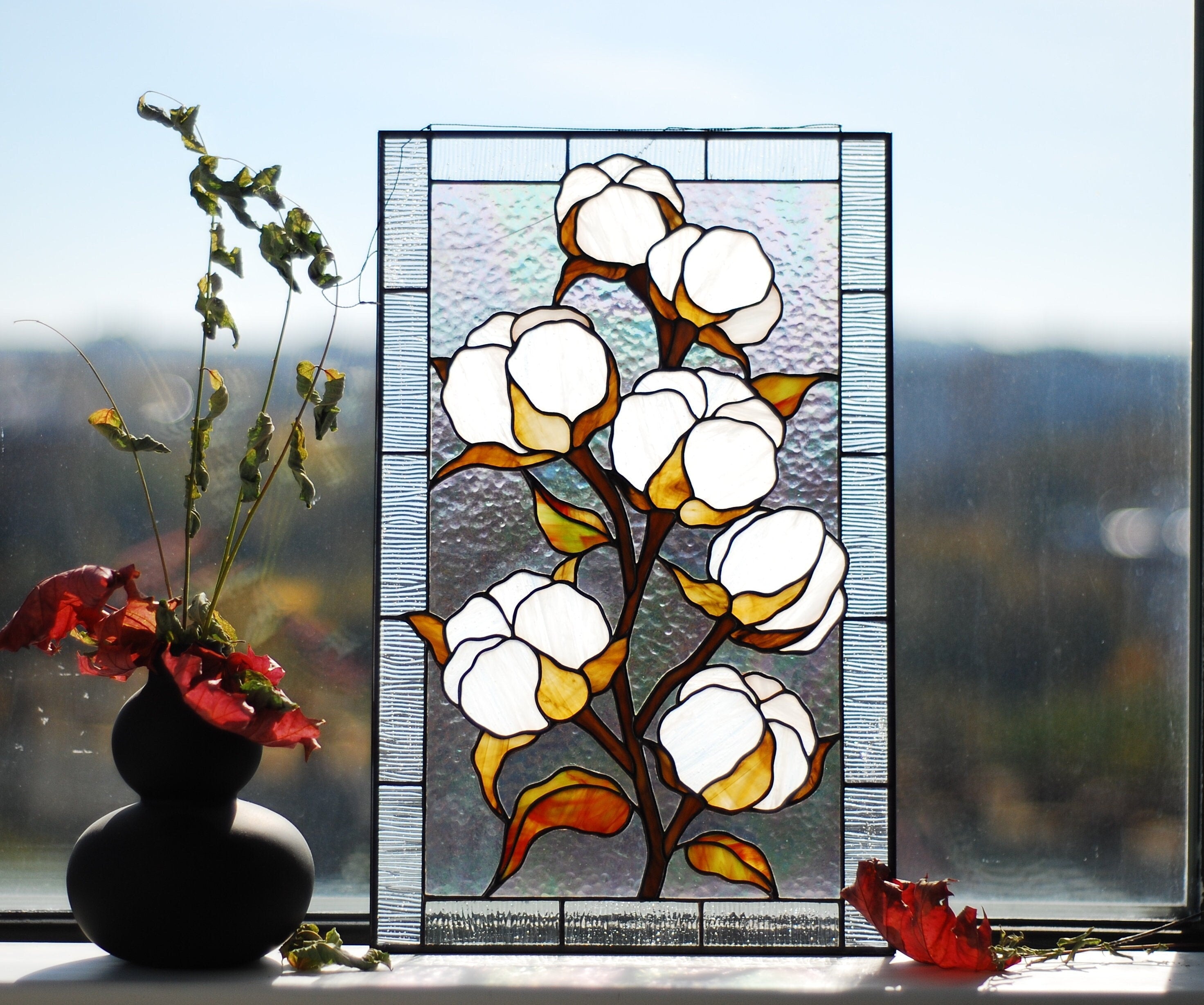 Cotton Flower Stained Glass Panel Window Hangings, Tiffany Style Suncatcher, White Floral Home Decor, Handmade Father's Day gift, Glass Art