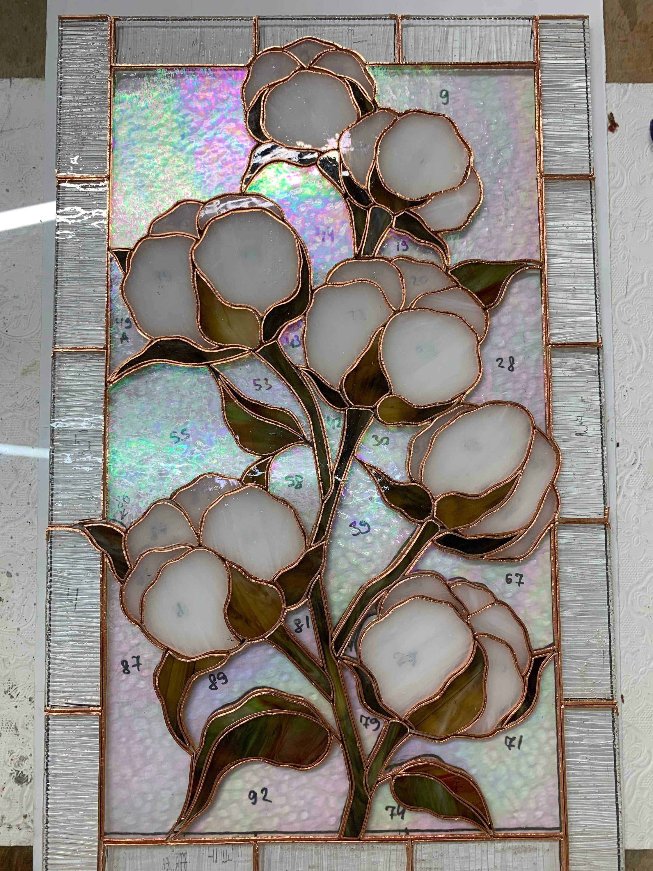 Cotton Flower Stained Glass Panel Window Hangings, Tiffany Style Suncatcher, White Floral Home Decor, Handmade Father's Day gift, Glass Art