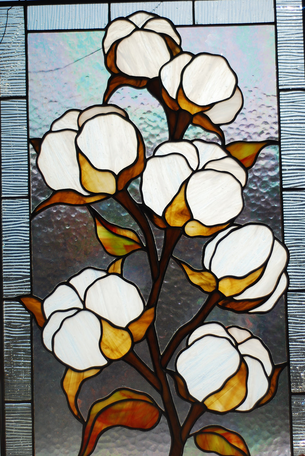 Cotton Flower Stained Glass Panel Window Hangings, Tiffany Style Suncatcher, White Floral Home Decor, Handmade Father's Day gift, Glass Art