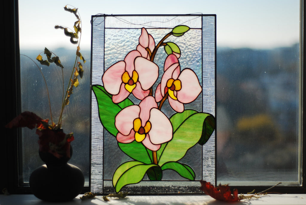 Orchid Stained glass panel stained glass window hangings Handmade Custom stained glass flower decor, Personalized gift