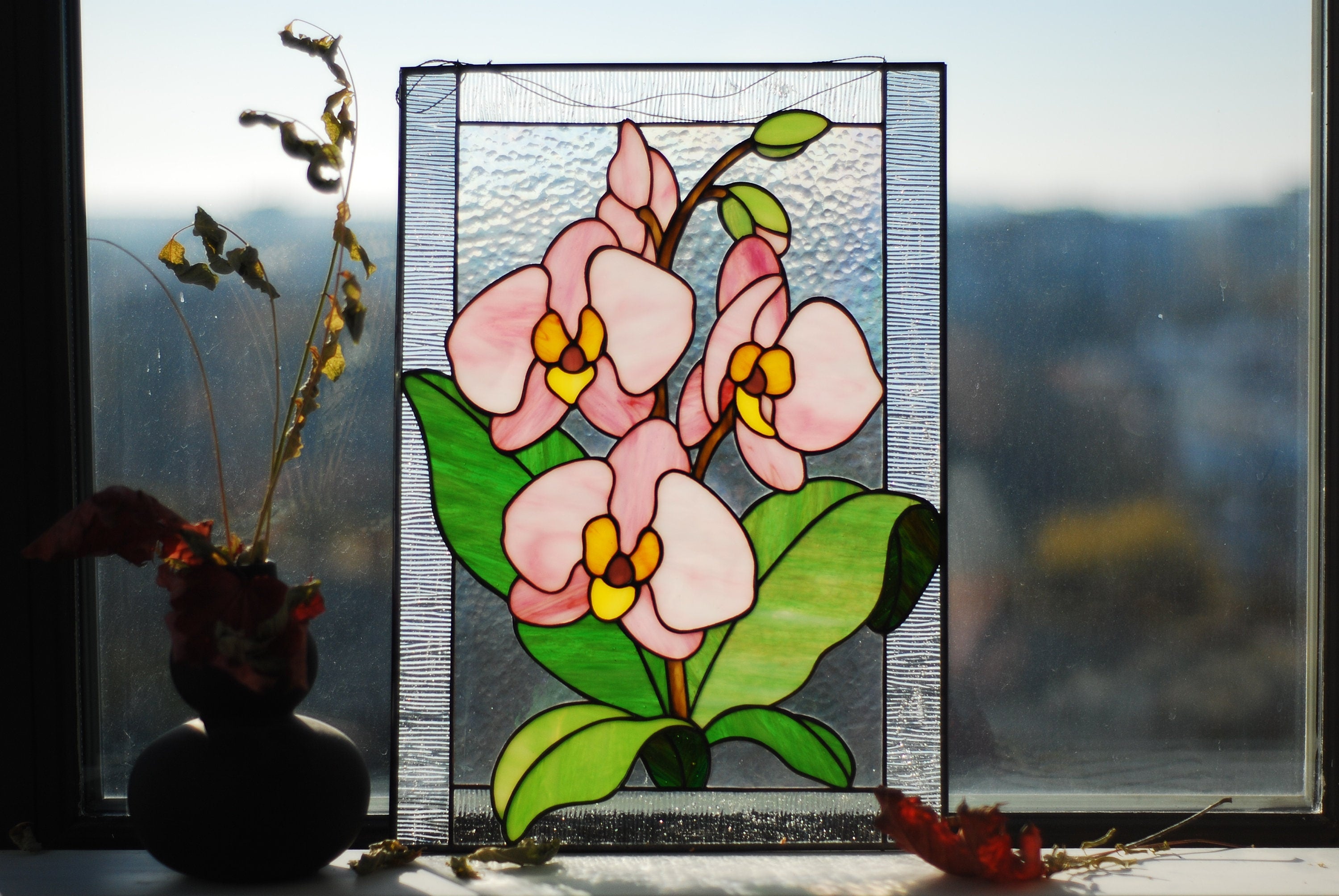 Orchid Stained glass panel stained glass window hangings Handmade Custom stained glass flower decor, Personalized gift
