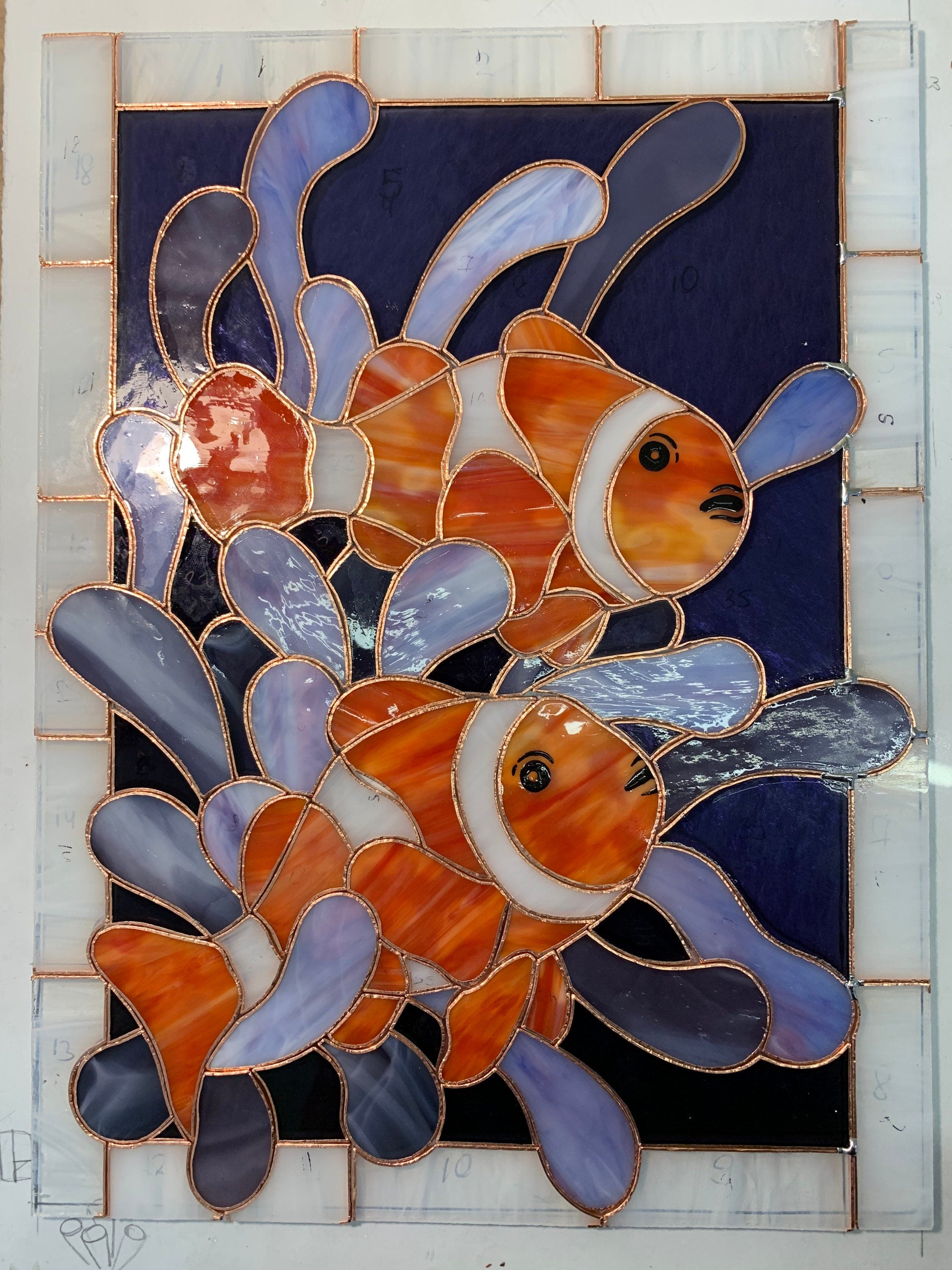 Clownfish Stained Glass Window Panel 11.5x15.5", Nautical Nemo Sun Catcher, Ocean Nursery Window Art, Tropical Fish Gift for Aquarium Lovers
