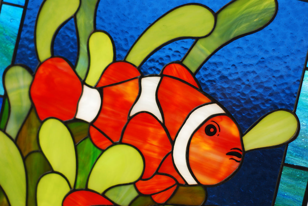 Clownfish Stained Glass Panel, Ocean Anemone Window Decor, Nautical Sun Catcher, Handmade Father's Day gift