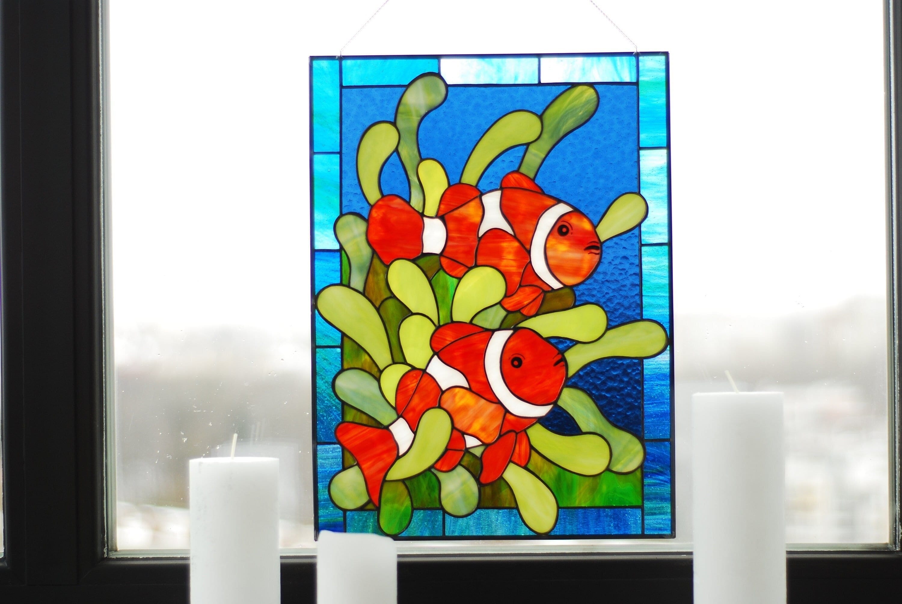 Clownfish Stained Glass Panel, Ocean Anemone Window Decor, Nautical Sun Catcher, Handmade Father's Day gift