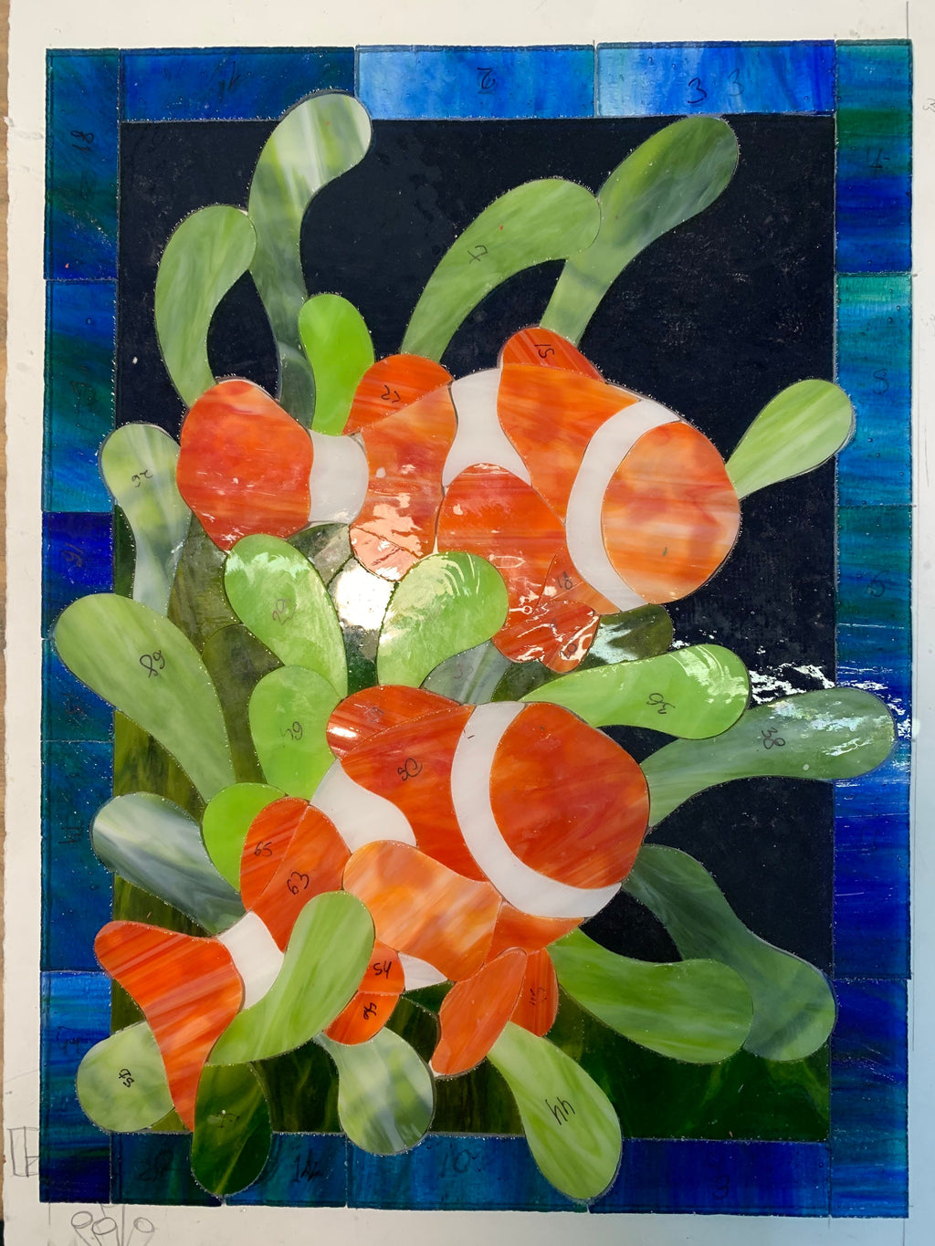 Clownfish Stained Glass Panel, Ocean Anemone Window Decor, Nautical Sun Catcher, Handmade Father's Day gift