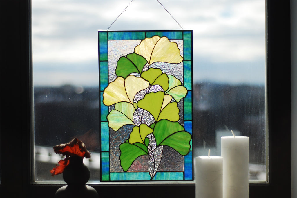 Stained Glass Ginkgo Biloba Panel 10x16 in. Botanical Window Hangings, Green Leaf Suncatcher, Handmade Personalized gift, Tiffany Glass Art