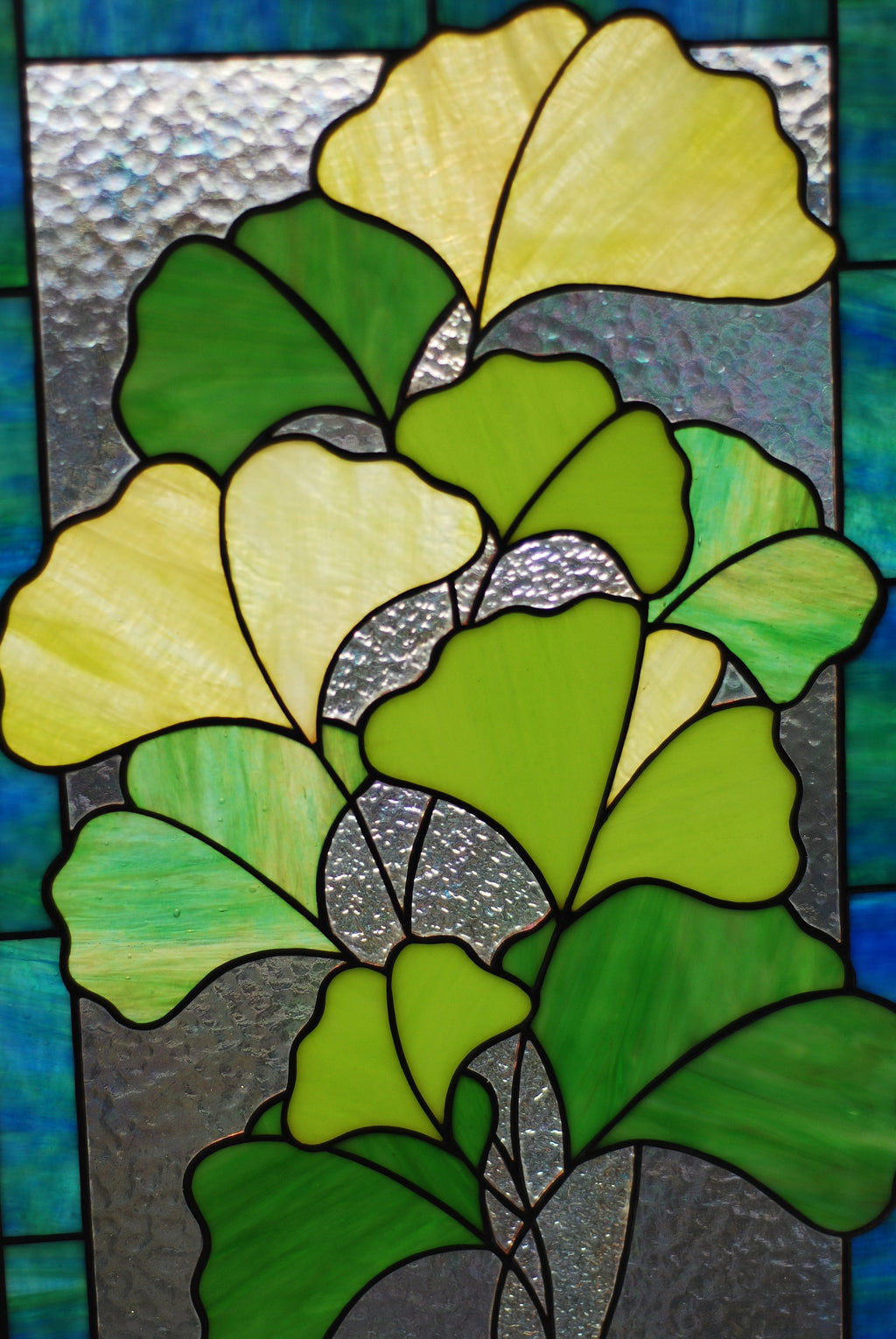 Stained Glass Ginkgo Biloba Panel 10x16 in. Botanical Window Hangings, Green Leaf Suncatcher, Handmade Personalized gift, Tiffany Glass Art