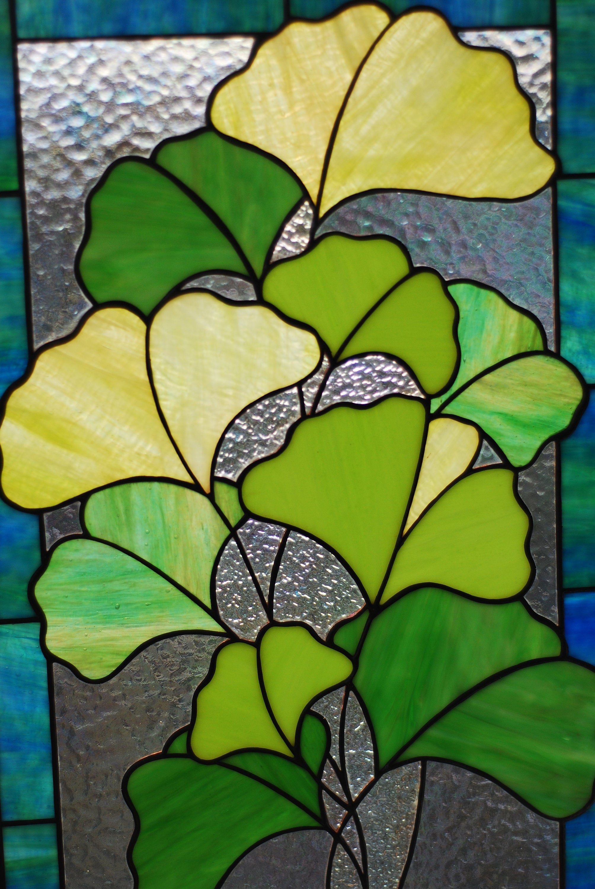 Stained Glass Ginkgo Biloba Panel 10x16 in. Botanical Window Hangings, Green Leaf Suncatcher, Handmade Personalized gift, Tiffany Glass Art