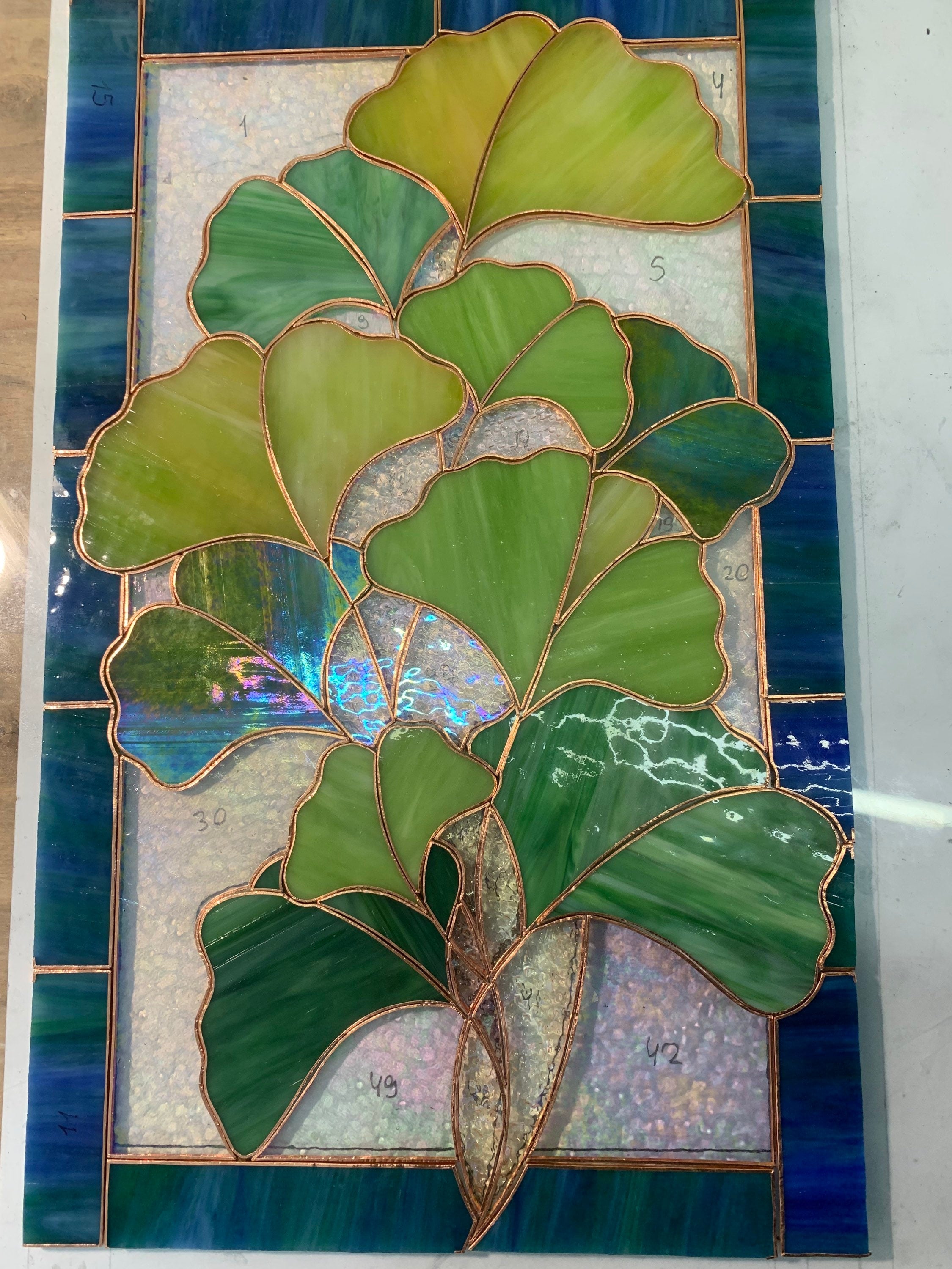 Stained Glass Ginkgo Biloba Panel 10x16 in. Botanical Window Hangings, Green Leaf Suncatcher, Handmade Personalized gift, Tiffany Glass Art