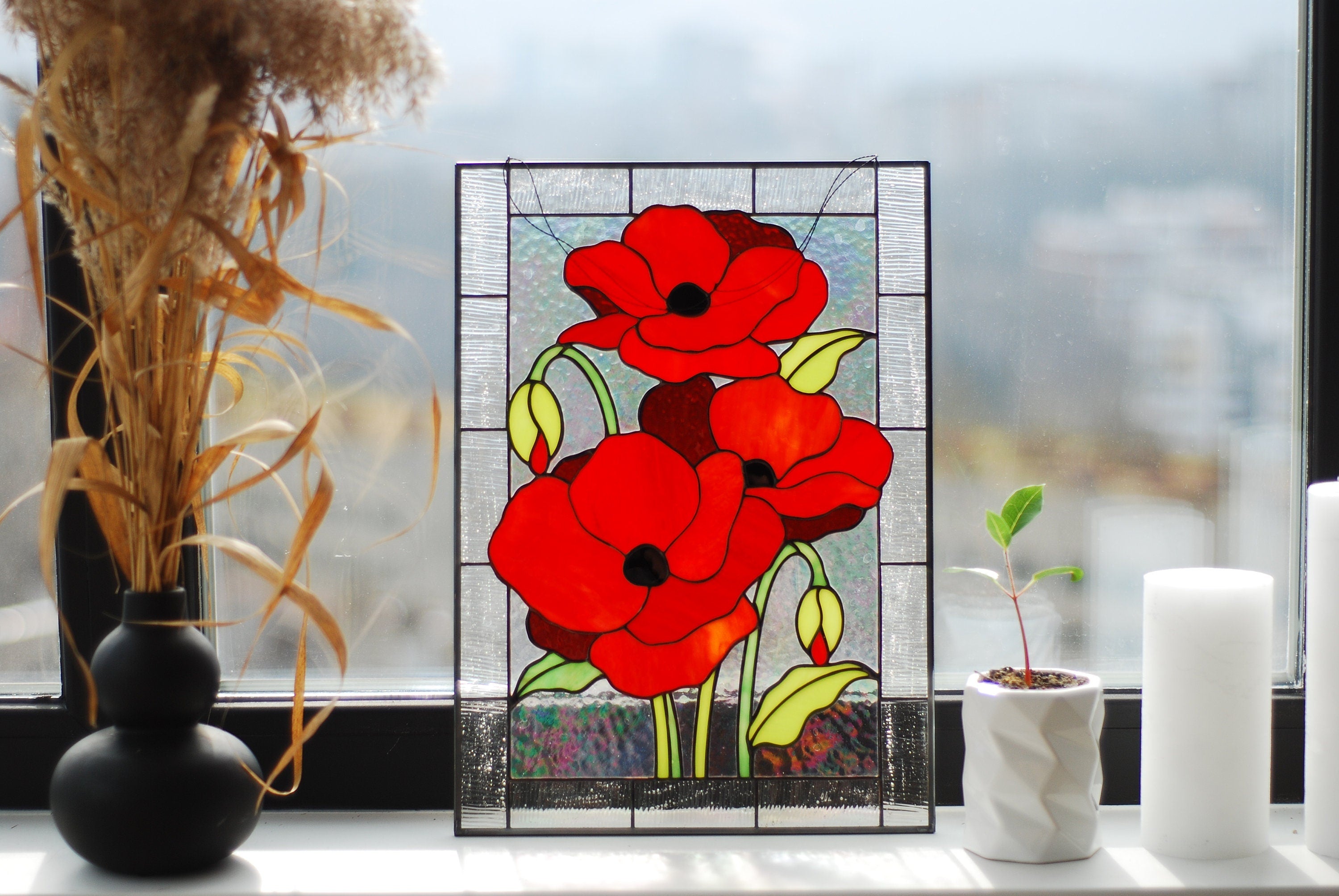 Stained Glass Panel Red Poppies Flowers 15 x 10.6 inch. Tiffany Window Hanging, Custom Sun catcher, Handmade Mother’s Day gift, Glass Art