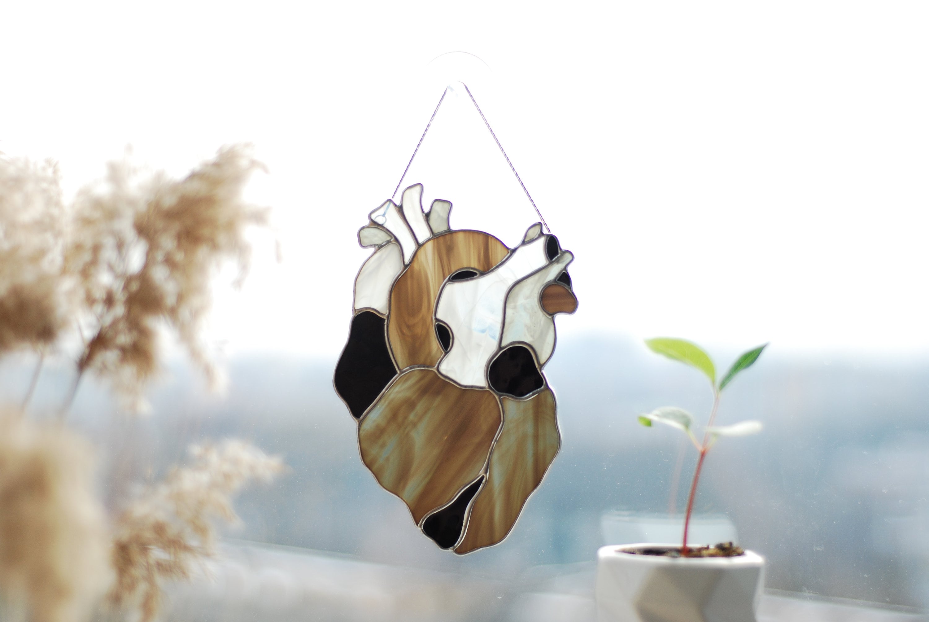 Anatomical Heart Stained Glass Suncatcher, Handmade Window Hanging