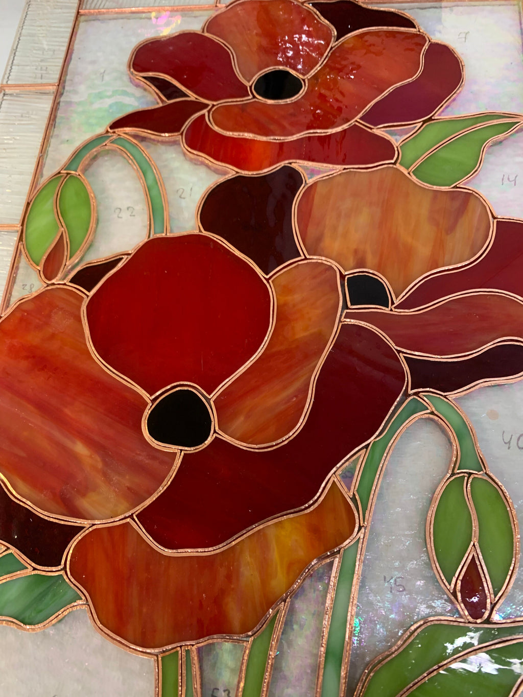 Stained Glass Panel Red Poppies Flowers 15 x 10.6 inch. Tiffany Window Hanging, Custom Sun catcher, Handmade Mother’s Day gift, Glass Art