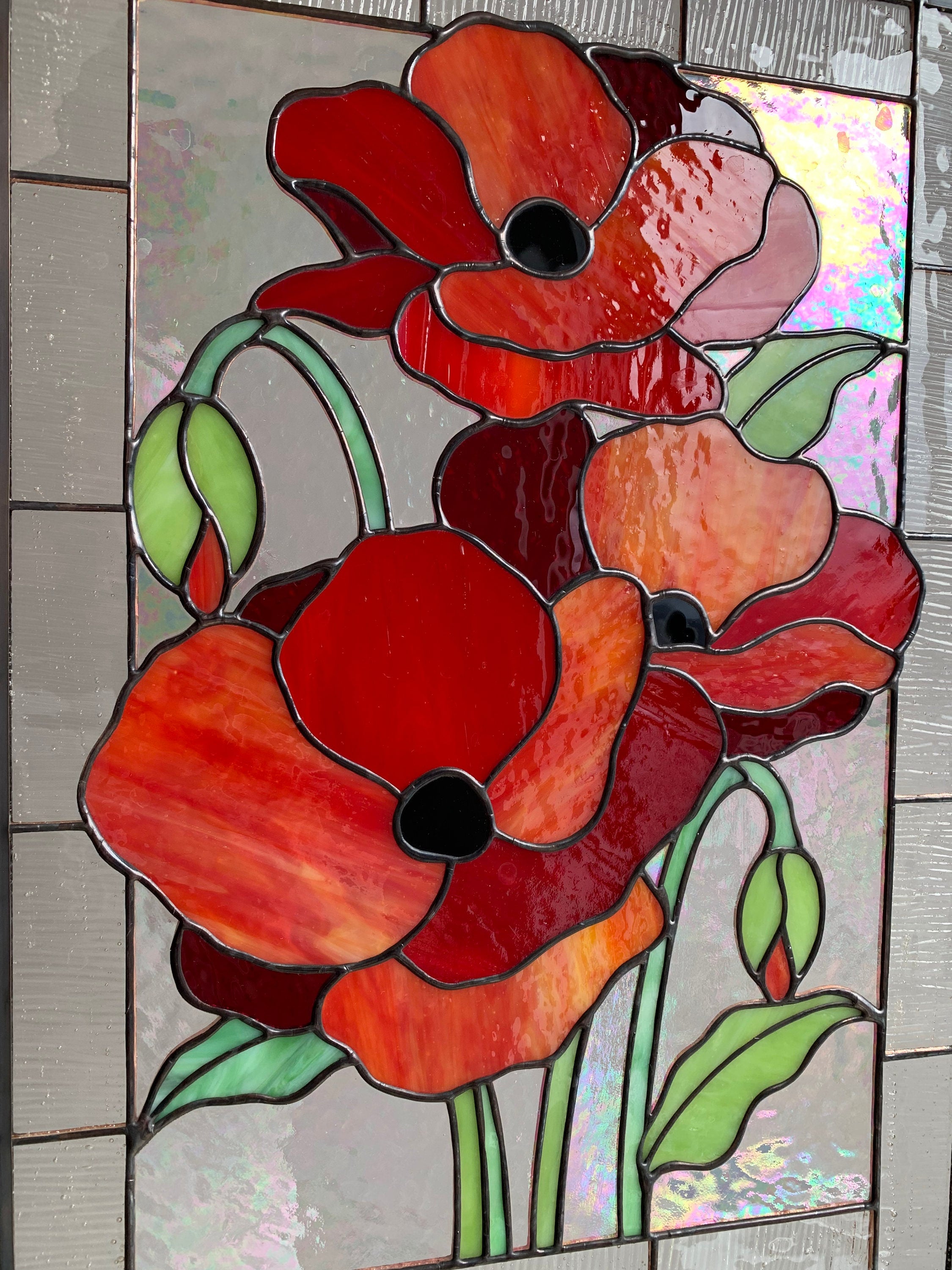 Stained Glass Panel Red Poppies Flowers 15 x 10.6 inch. Tiffany Window Hanging, Custom Sun catcher, Handmade Mother’s Day gift, Glass Art