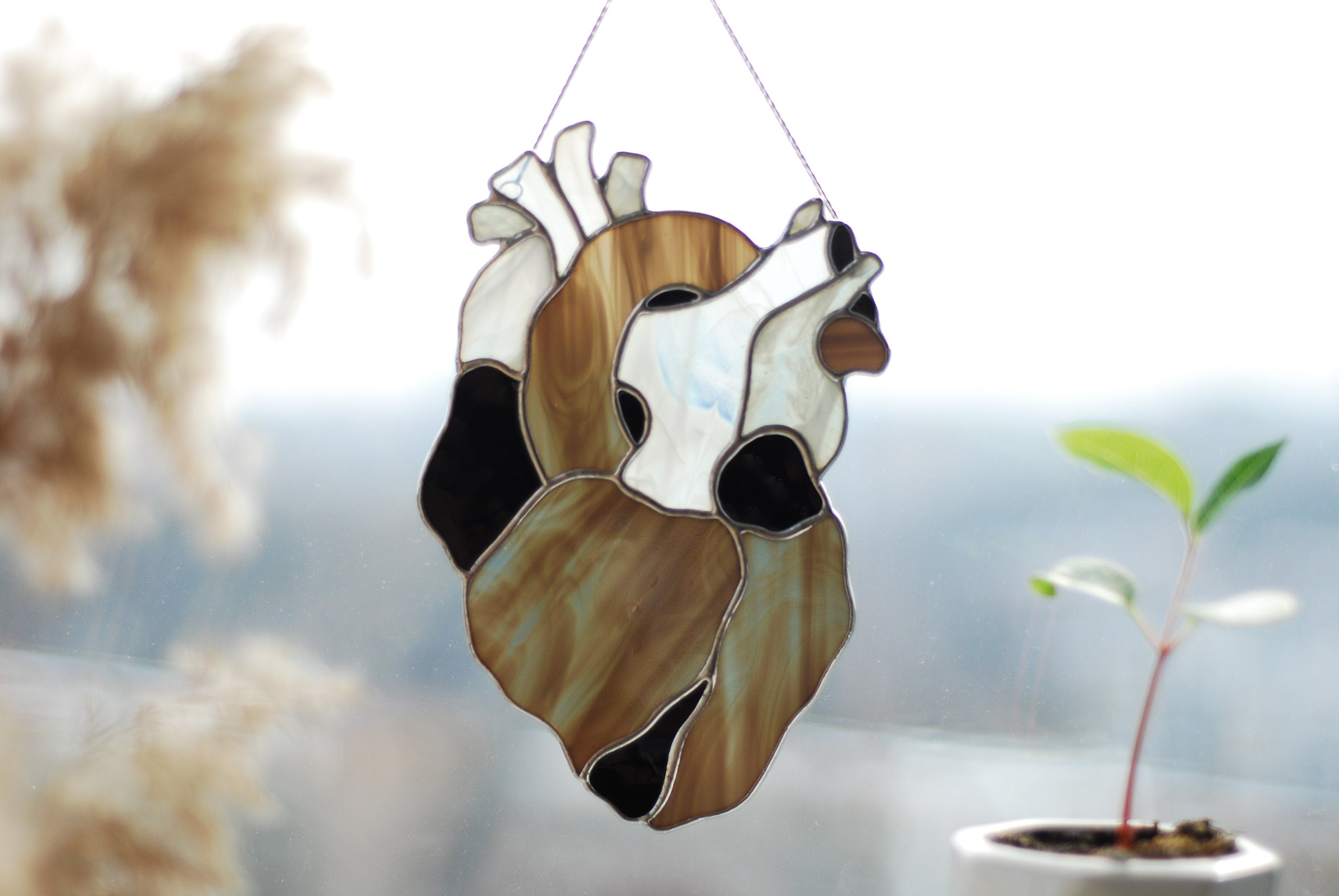 Anatomical Heart Stained Glass Suncatcher, Handmade Window Hanging