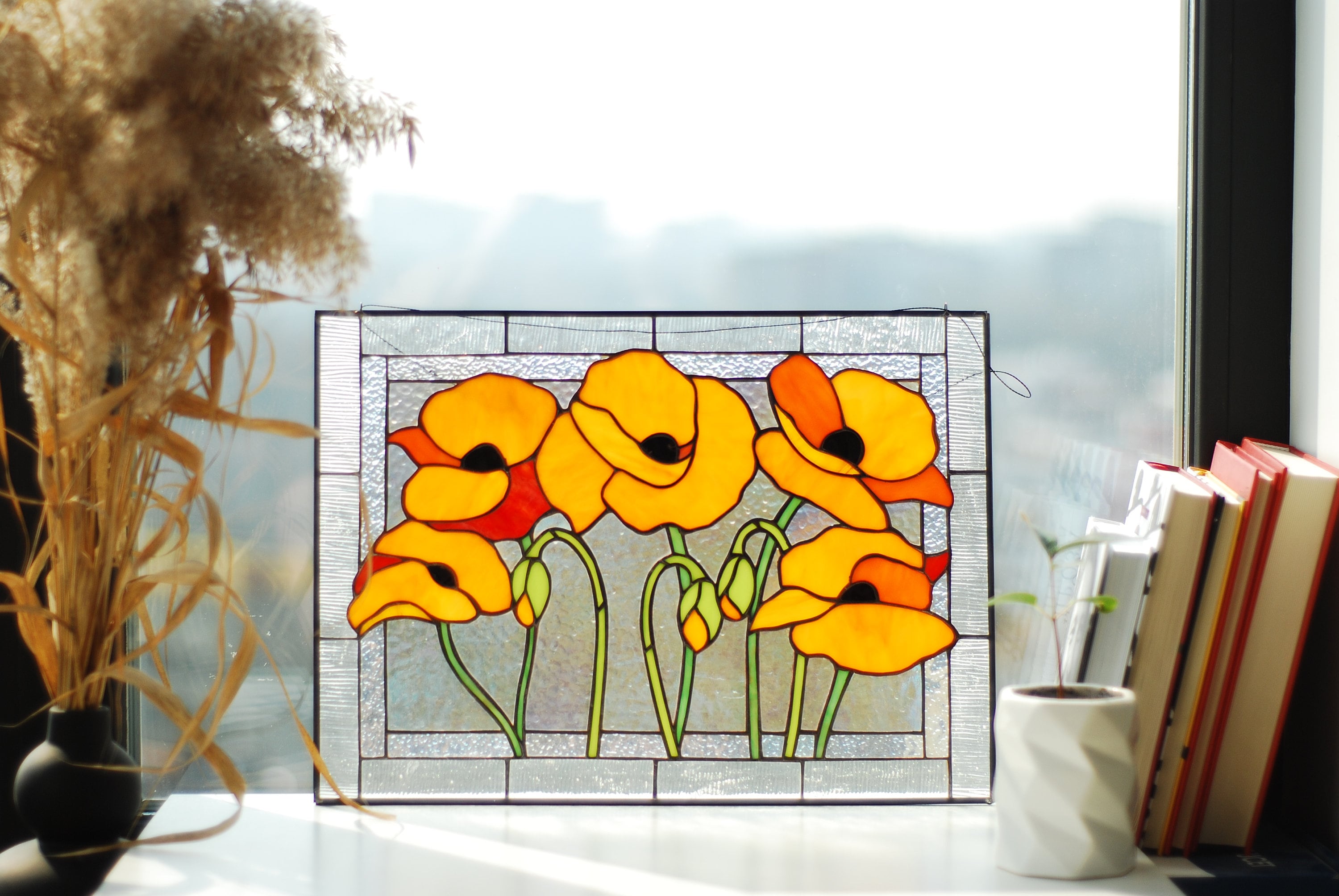 Stained Glass Orange Poppy Panel 15x11 Inch, Handmade California Poppy Window Hanging, Floral Wall Art, Tiffany Technique, Mothers Day Gift