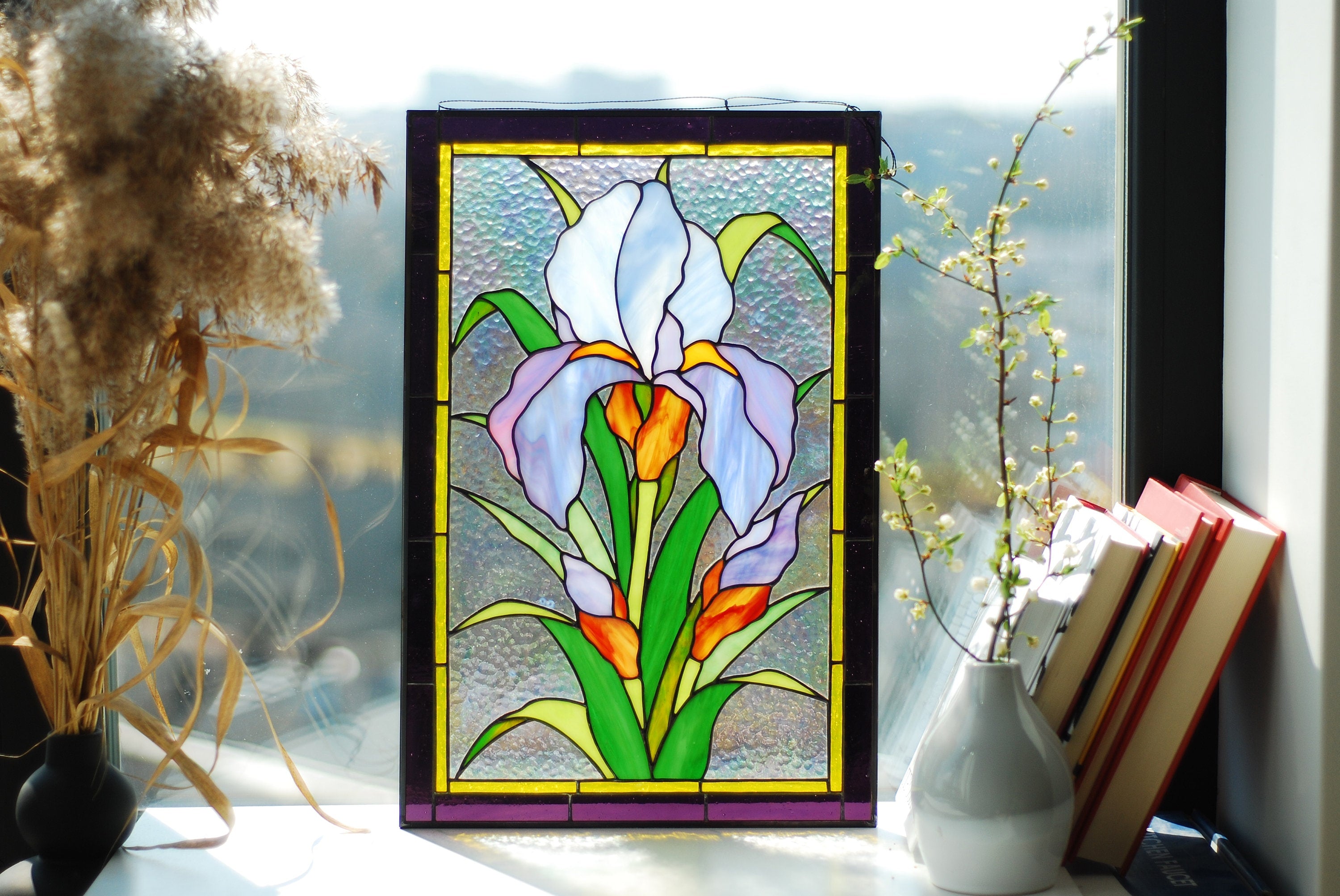 Purple Iris Stained Glass Window Hanging, Vertical Window Panel, Flower Stained Glass Suncatcher, Tiffany Window Decor Mother’s Day gift
