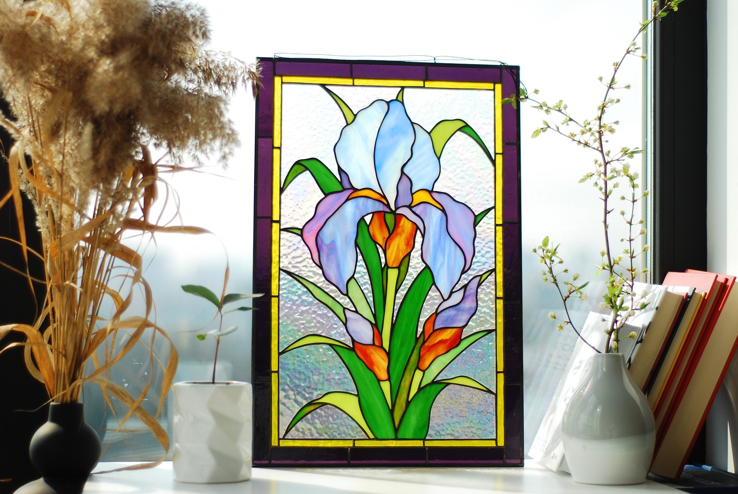 Purple Iris Stained Glass Window Hanging, Vertical Window Panel, Flower Stained Glass Suncatcher, Tiffany Window Decor Mother’s Day gift