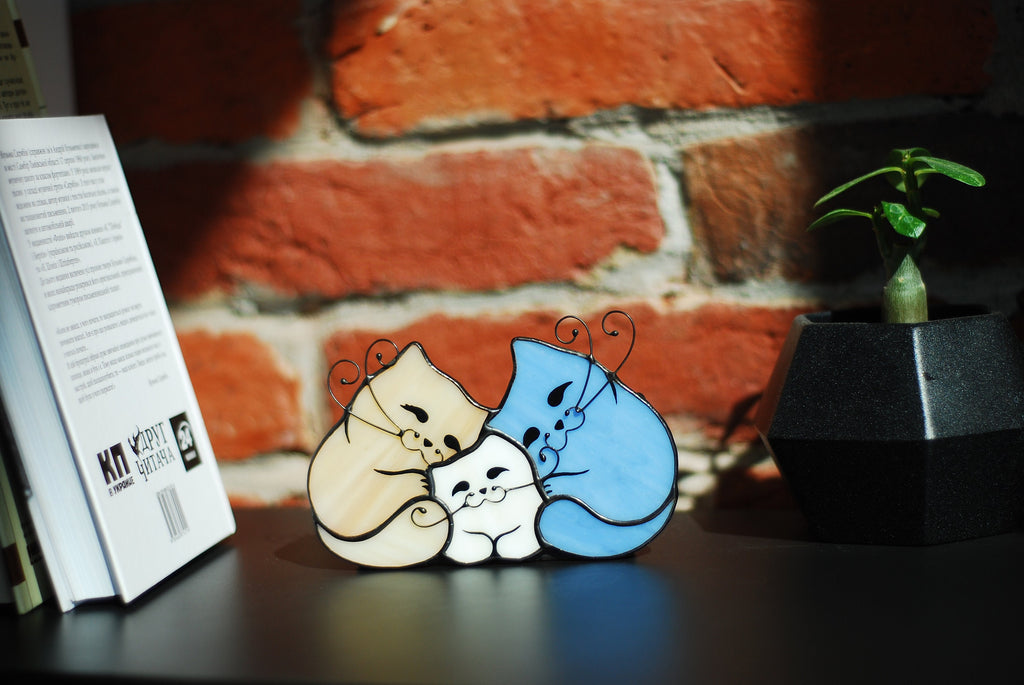 Cat Family Stained Glass Candle Holder, Three Cats Tiffany Tealight Tabletop Decor 5x3.5 in, Cat Lover Birthday Gift