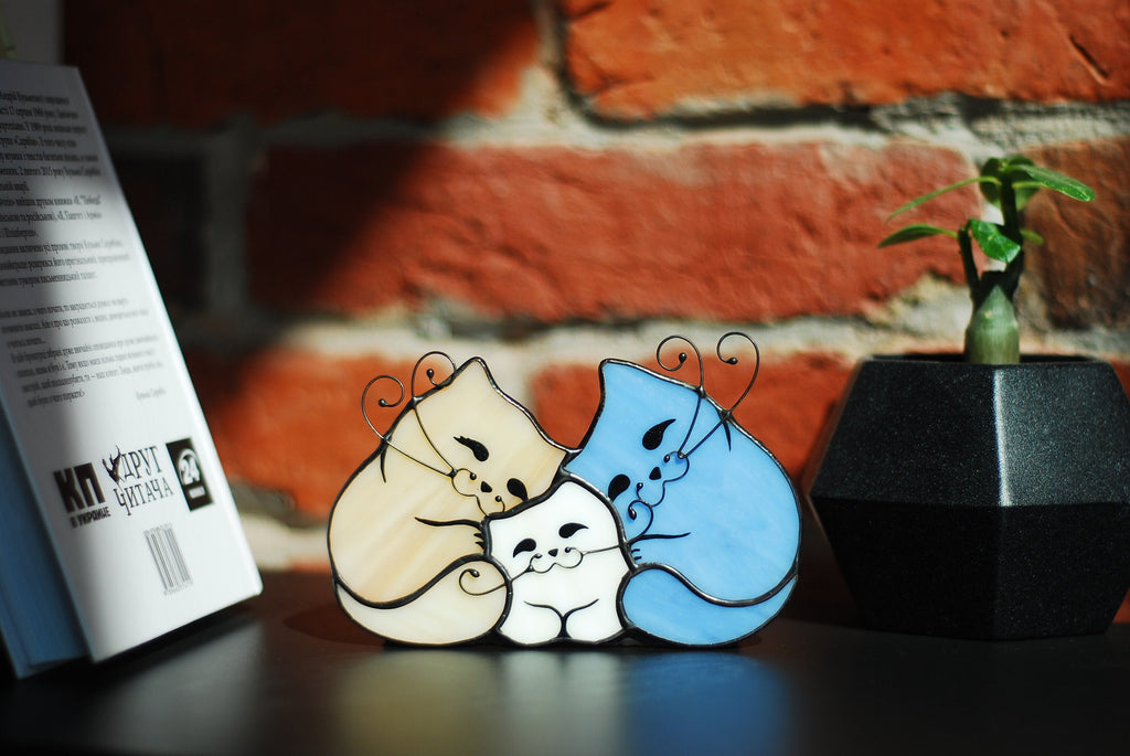 Cat Family Stained Glass Candle Holder, Three Cats Tiffany Tealight Tabletop Decor 5x3.5 in, Cat Lover Birthday Gift