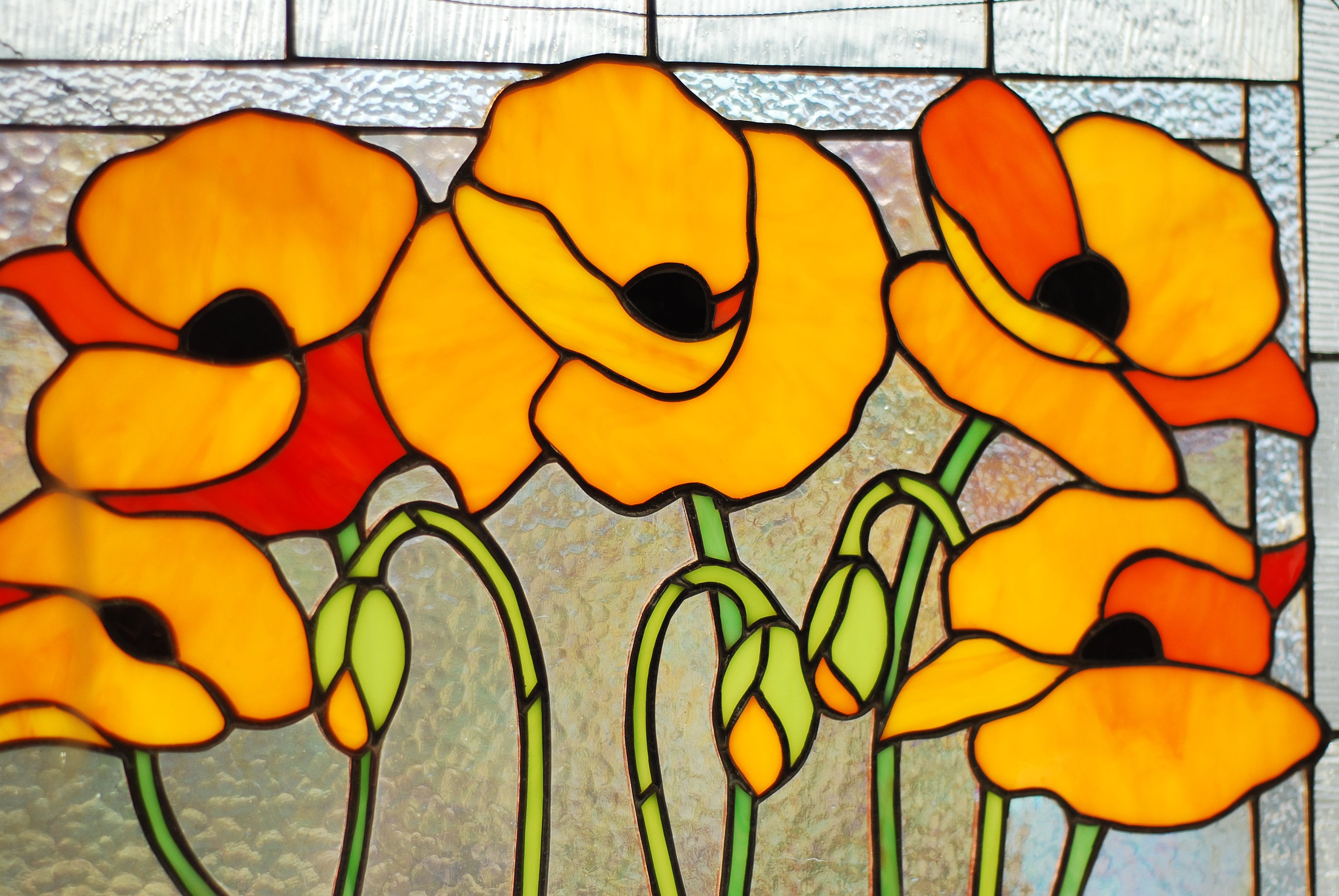 Stained Glass Orange Poppy Panel 15x11 Inch, Handmade California Poppy Window Hanging, Floral Wall Art, Tiffany Technique, Mothers Day Gift