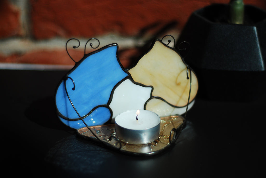 Cat Family Stained Glass Candle Holder, Three Cats Tiffany Tealight Tabletop Decor 5x3.5 in, Cat Lover Birthday Gift