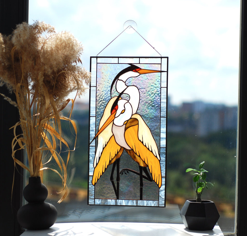 Stained Glass Window Panel, Pair of Herons, Tiffany Suncatcher, Window Hanging, Handmade Window Decor, Father's Day gift, Glass art