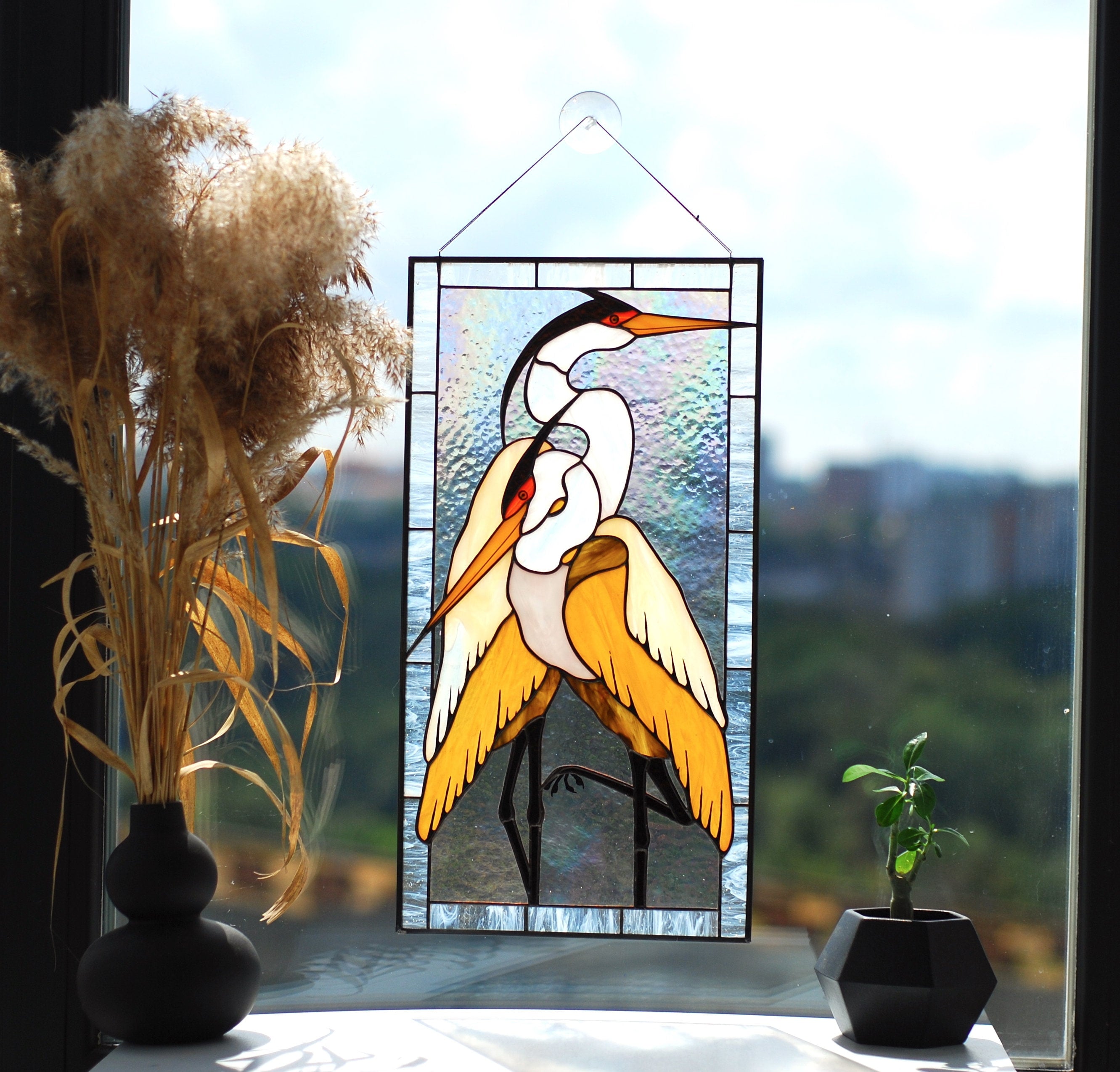 Stained Glass Window Panel, Pair of Herons, Tiffany Suncatcher, Window Hanging, Handmade Window Decor, Father's Day gift, Glass art
