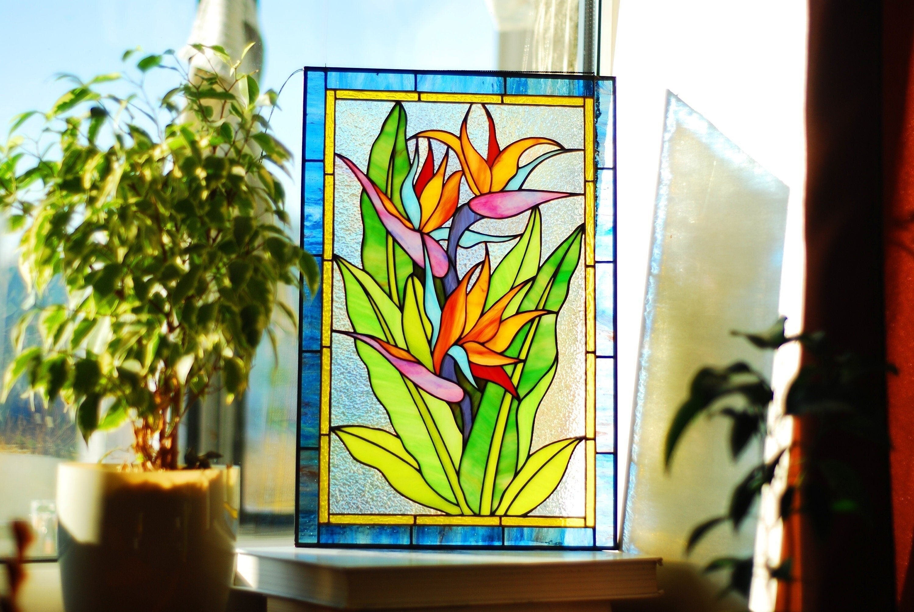 Stained Glass Bird of Paradise, Handmade Window Hanging 11"x16.5" Custom Stained Glass Panel, Tiffany Glass Art, Window Decor
