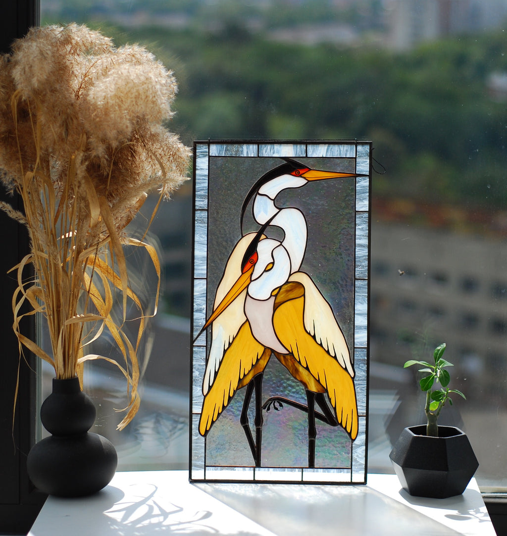 Stained Glass Window Panel, Pair of Herons, Tiffany Suncatcher, Window Hanging, Handmade Window Decor, Father's Day gift, Glass art