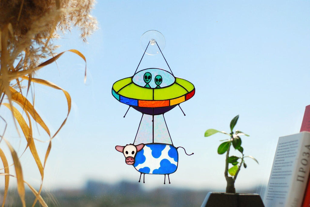 UFO cow stained glass suncatcher funny handmade window decor. Alien abduction stained glass window hangings unique gift for sci-fi fans