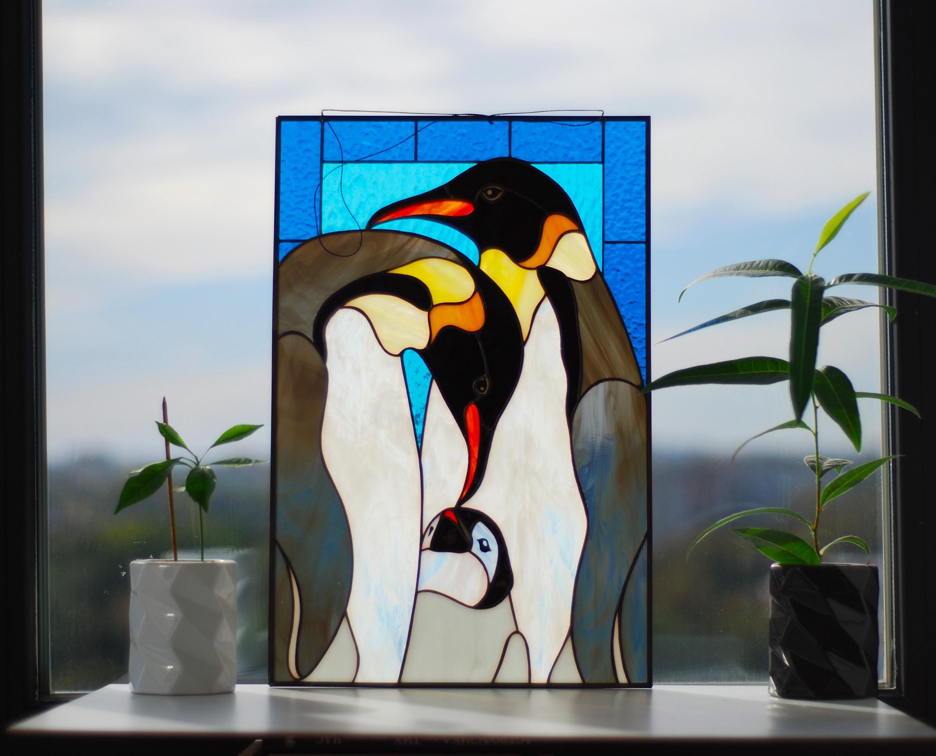 Stained Glass Window Panel Emperor Penguins Family – Handmade Tiffany Suncatchers – Unique Bird Home Decor Mother’s Day gift