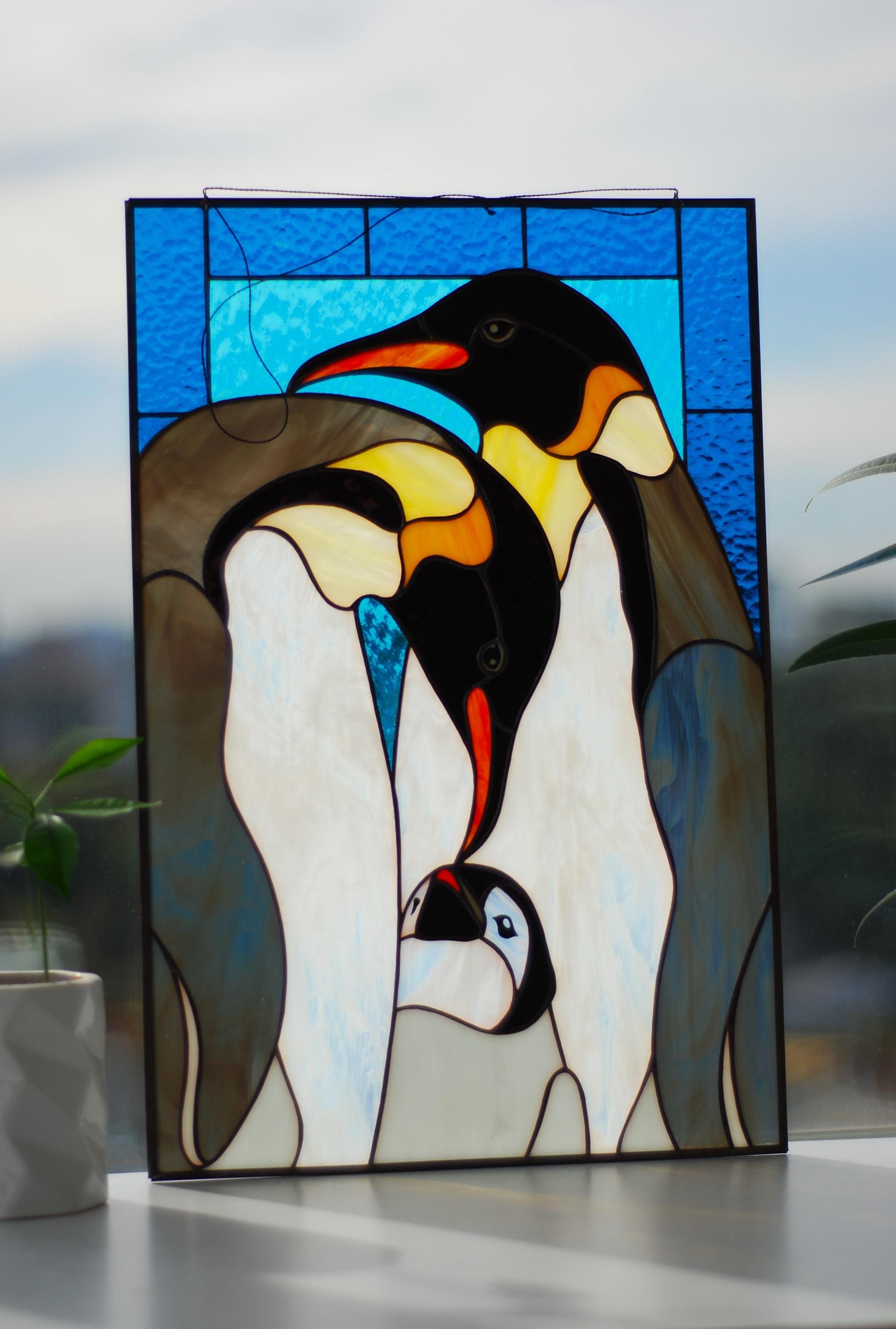 Stained Glass Window Panel Emperor Penguins Family – Handmade Tiffany Suncatchers – Unique Bird Home Decor Mother’s Day gift