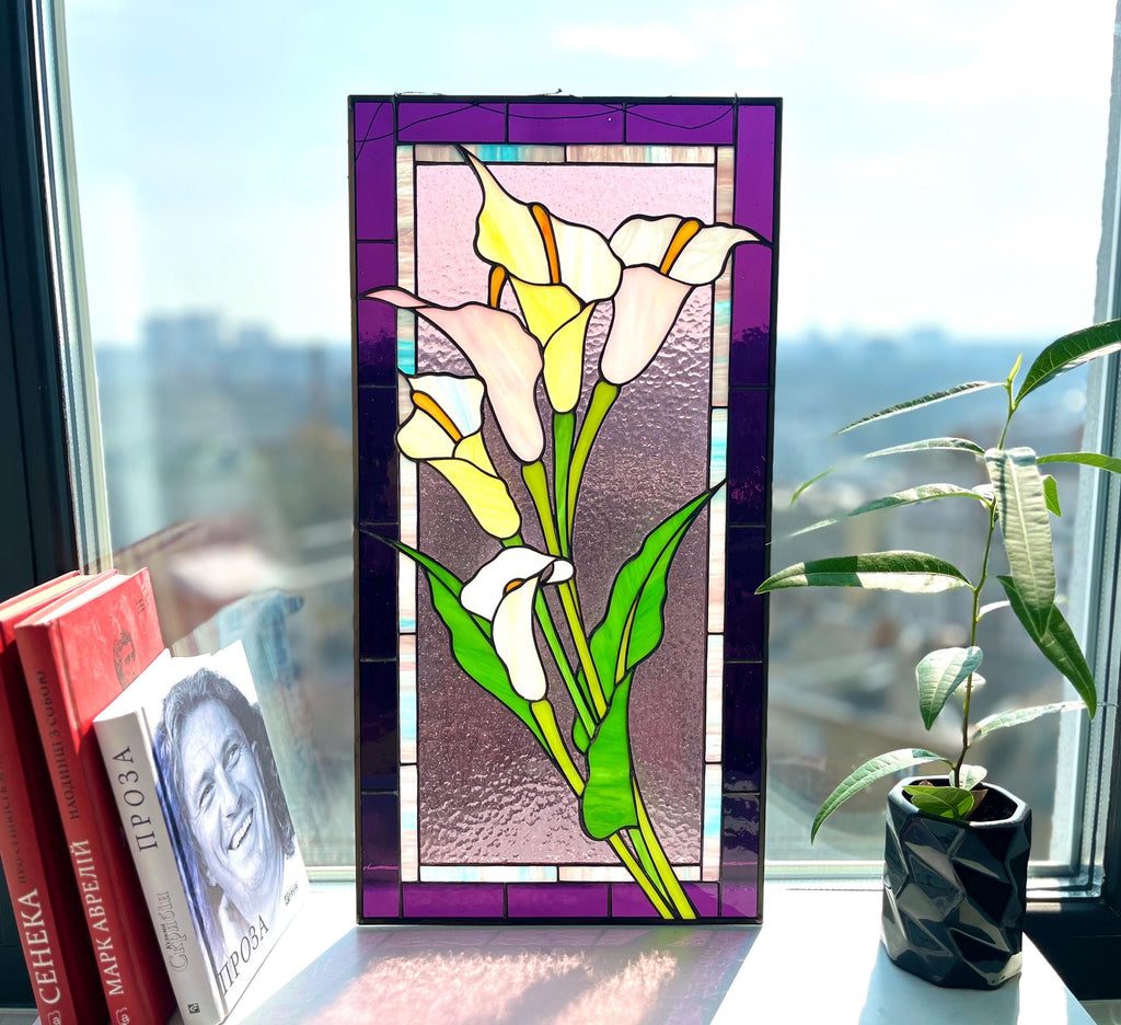 Stained Glass Panel Calla Lily, Pink Flower Window Hangings, Large Stained Glass Suncatcher Tiffany glass art, Handmade Mother’s Day gift