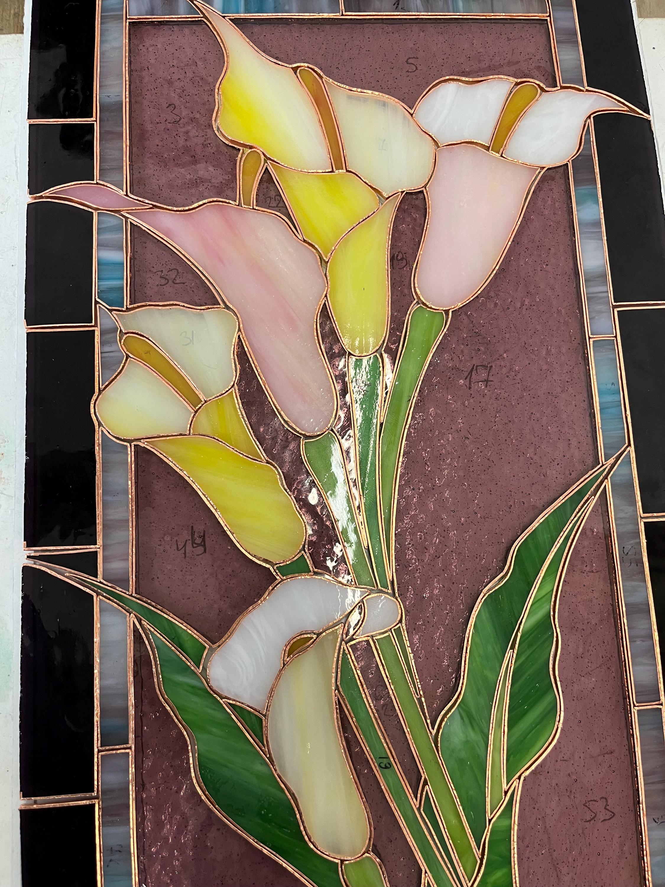 Stained Glass Panel Calla Lily, Pink Flower Window Hangings, Large Stained Glass Suncatcher Tiffany glass art, Handmade Mother’s Day gift