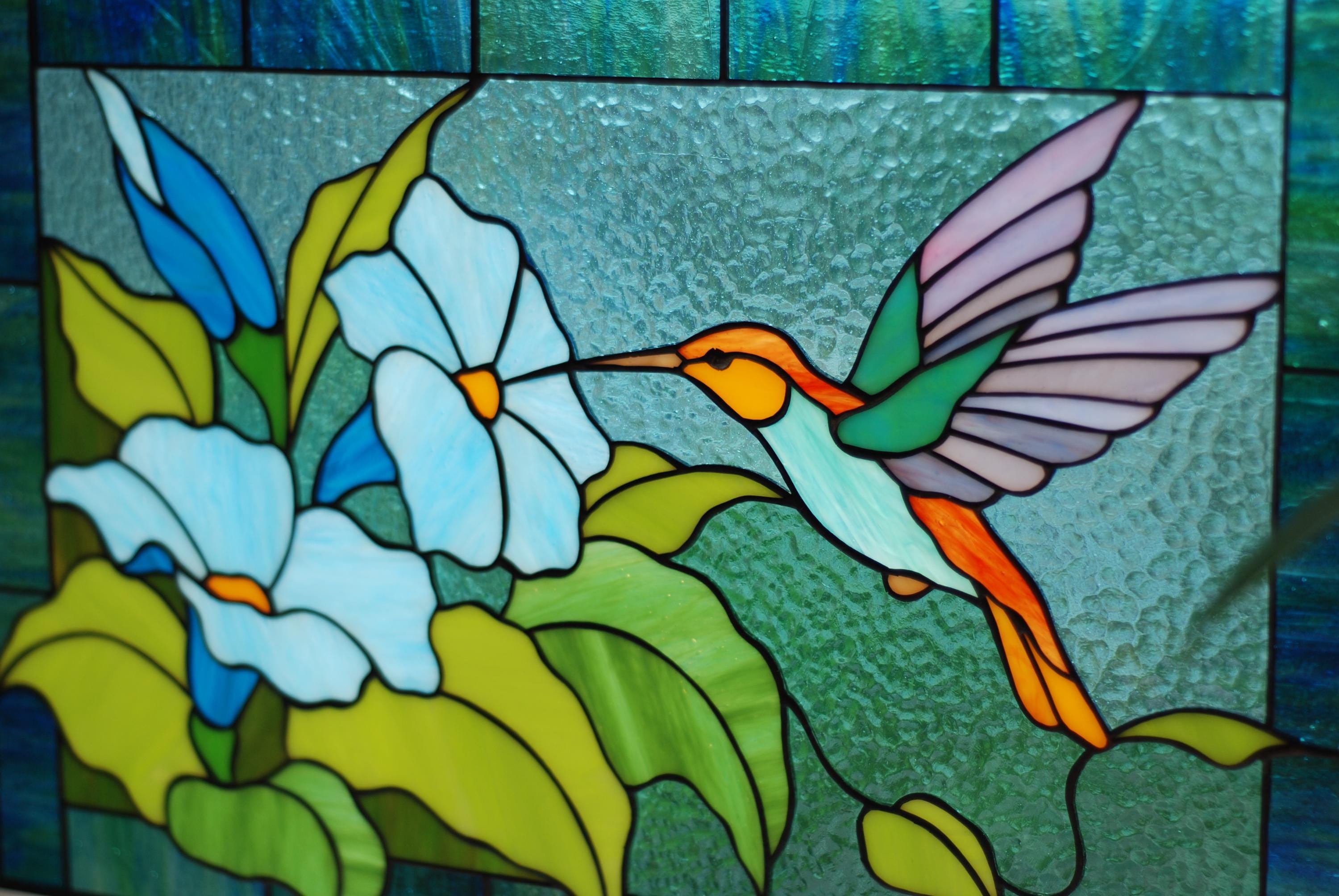 Stained Glass Panel Hummingbird Suncatcher, Morning Glory Flowers Window Hanging 17.5x11.5 In, Tiffany Glass Art Gift for Mom