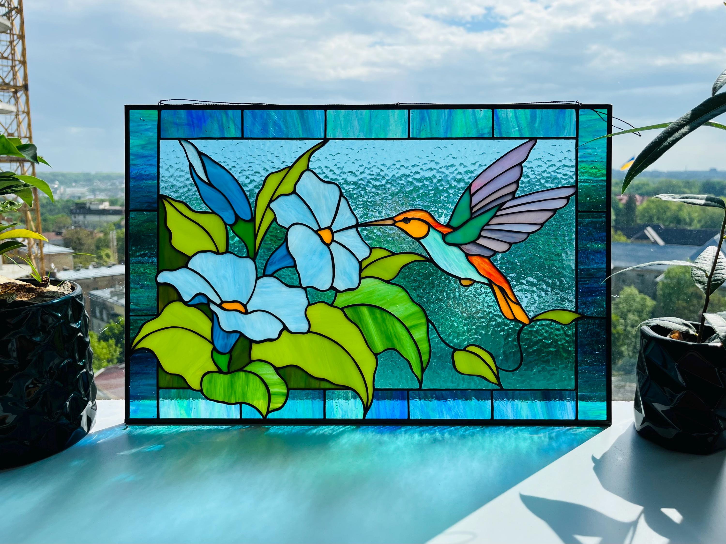 Stained Glass Panel Hummingbird Suncatcher, Morning Glory Flowers Window Hanging 17.5x11.5 In, Tiffany Glass Art Gift for Mom
