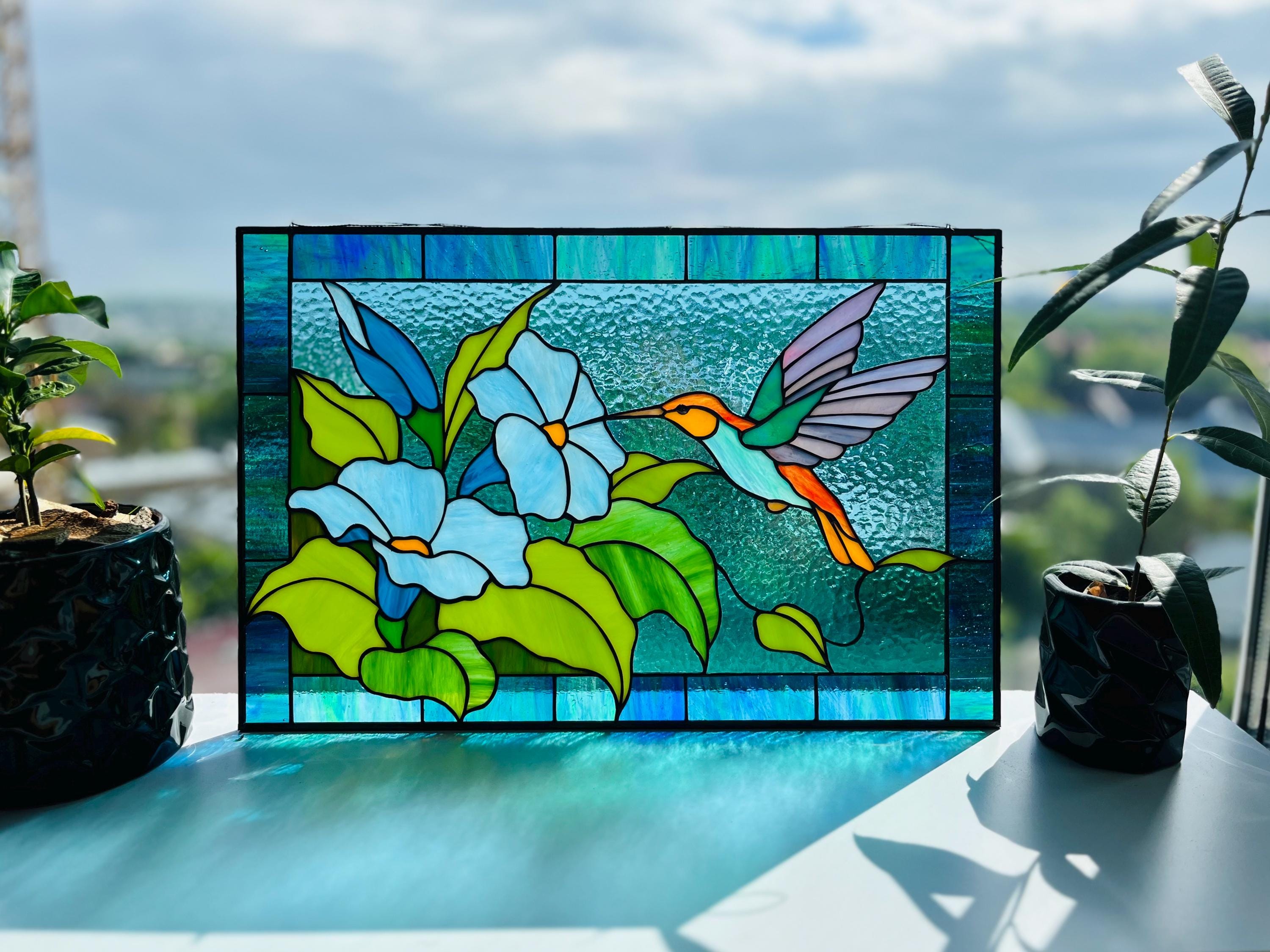 Stained Glass Panel Hummingbird Suncatcher, Morning Glory Flowers Window Hanging 17.5x11.5 In, Tiffany Glass Art Gift for Mom