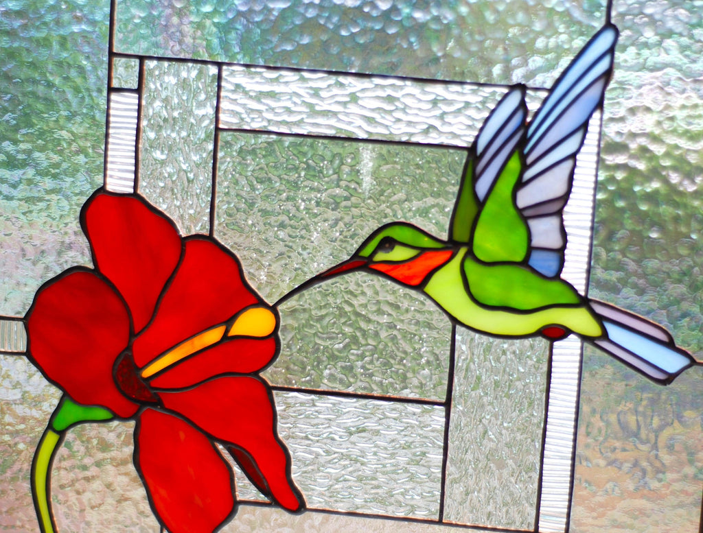 Stained glass panel, hummingbird and Red hibiscus flower, Tiffany suncatcher, Personalized gift, Handmade window panel 12x11 in. Glass art