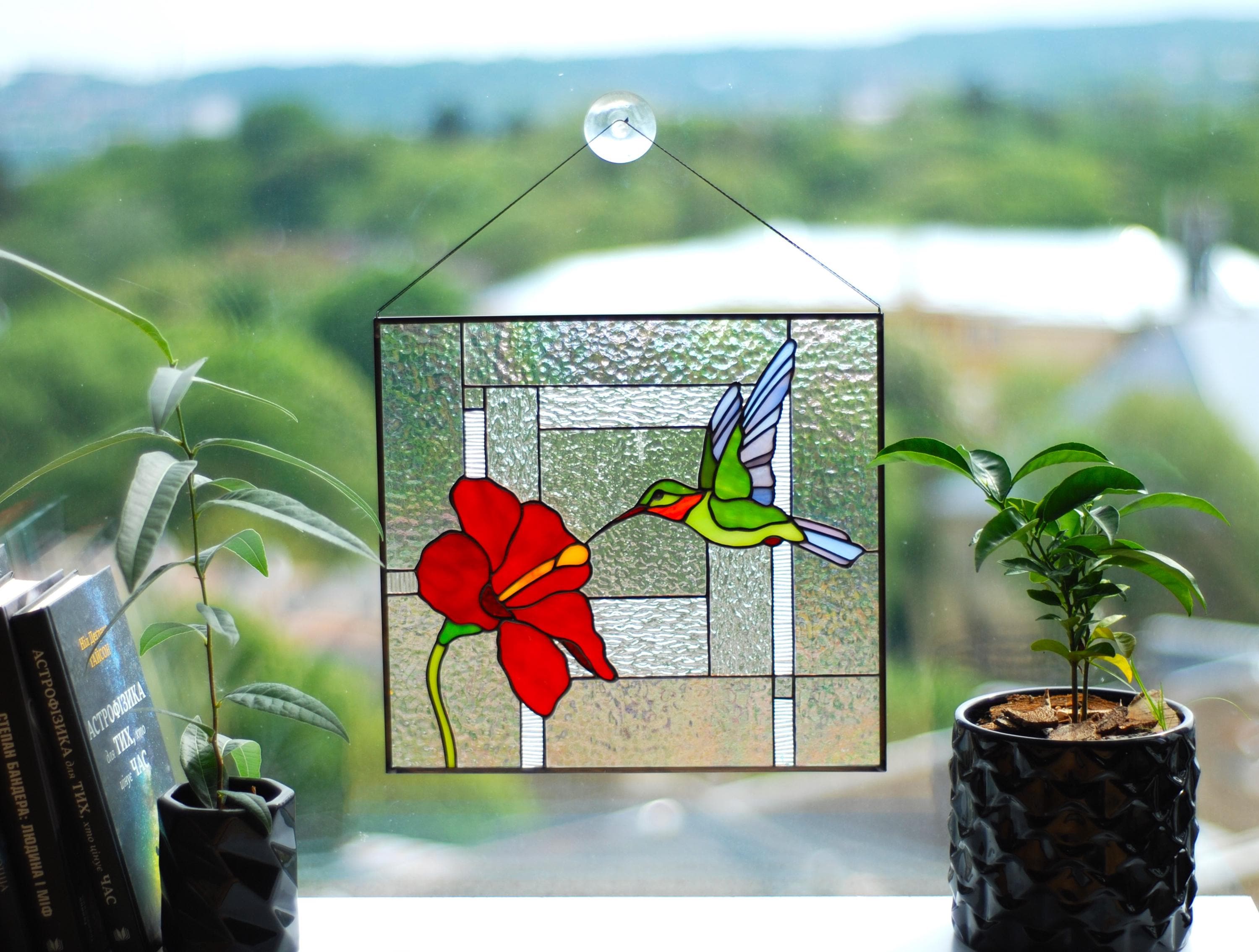 Stained glass panel, hummingbird and Red hibiscus flower, Tiffany suncatcher, Personalized gift, Handmade window panel 12x11 in. Glass art