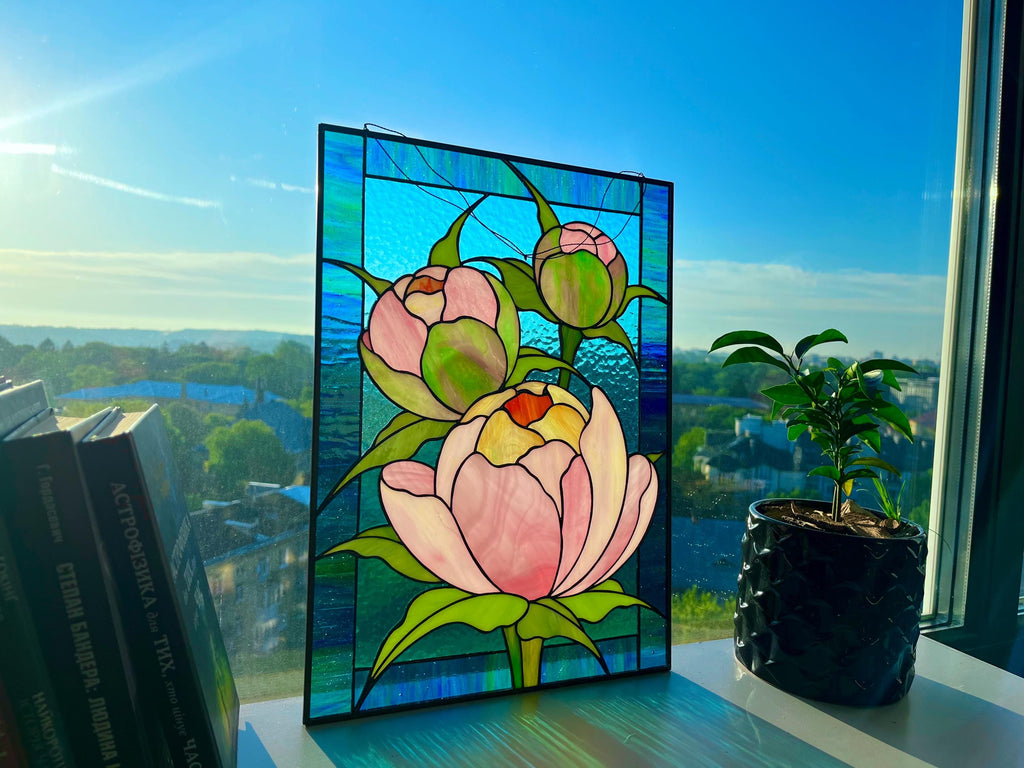 Pink Peonies Stained Glass Panel - Handmade Floral Suncatcher