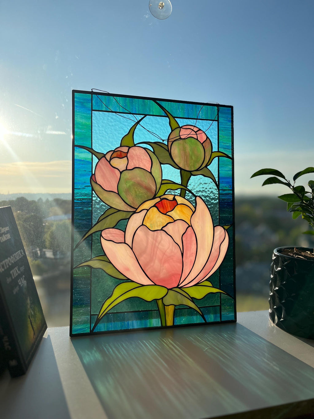 Pink Peonies Stained Glass Panel - Handmade Floral Suncatcher