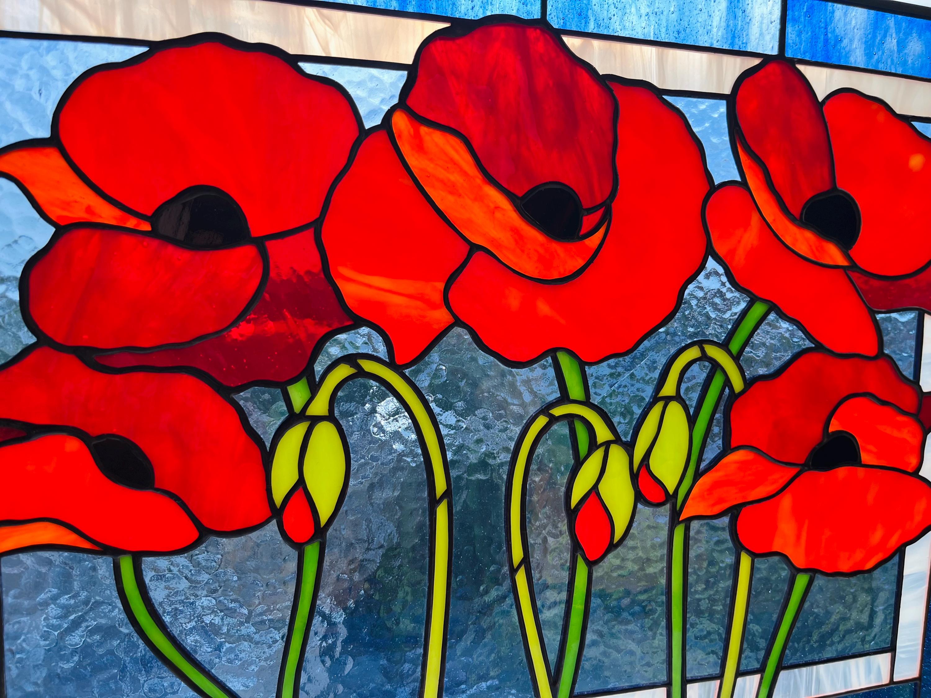Red Poppy Stained Glass Panel 15x11.5 In, Handmade Suncatcher, Floral Tiffany Window Hanging, Home Decor Gift for Her