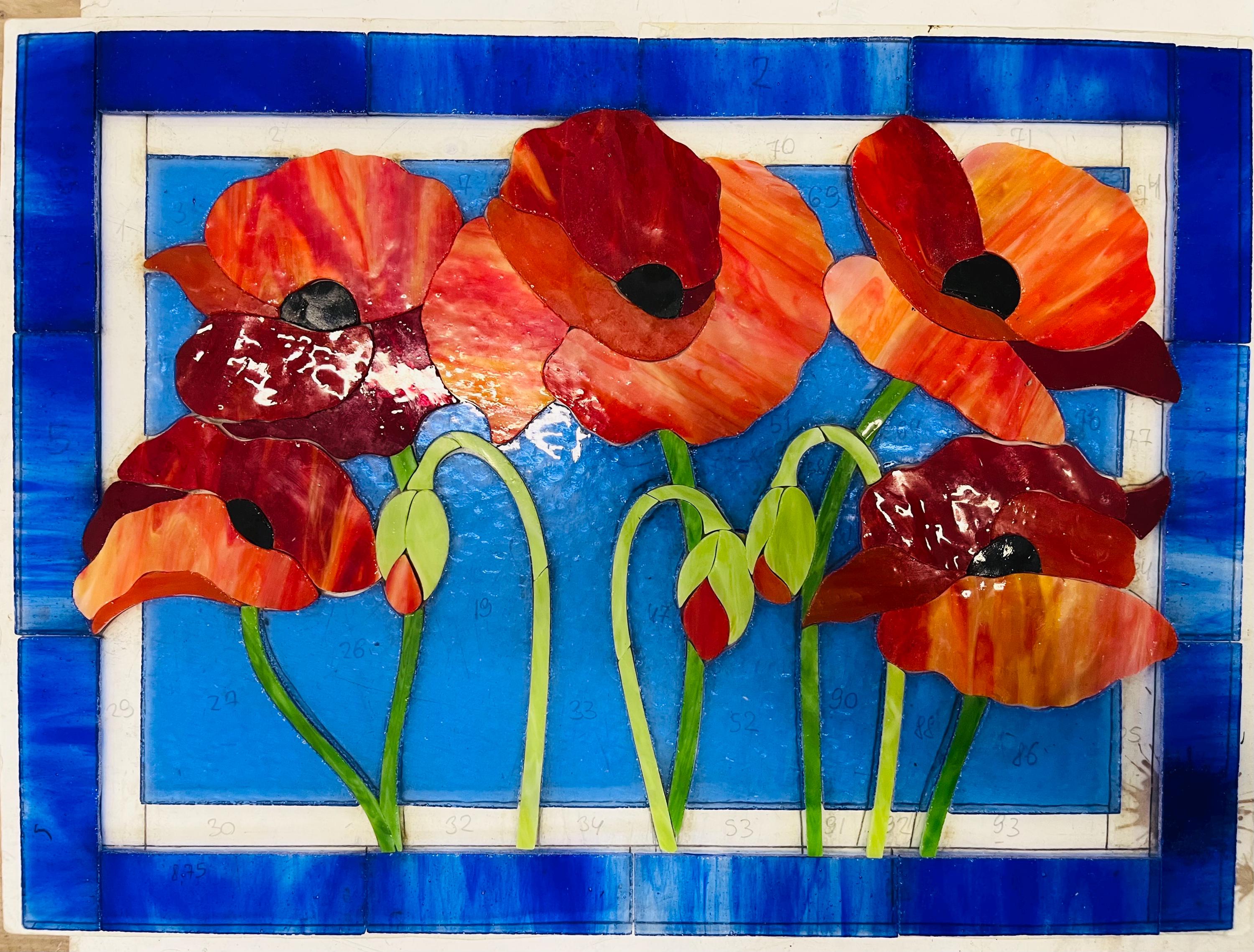 Red Poppy Stained Glass Panel 15x11.5 In, Handmade Suncatcher, Floral Tiffany Window Hanging, Home Decor Gift for Her