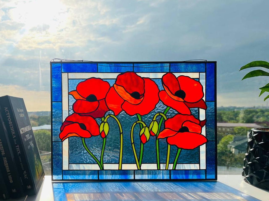 Red Poppy Stained Glass Panel 15x11.5 In, Handmade Suncatcher, Floral Tiffany Window Hanging, Home Decor Gift for Her