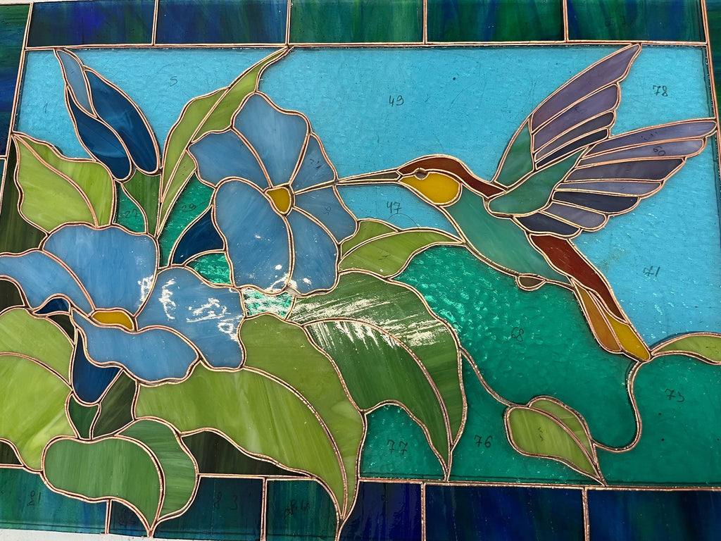 Stained Glass Panel Hummingbird Suncatcher, Morning Glory Flowers Window Hanging 17.5x11.5 In, Tiffany Glass Art Gift for Mom