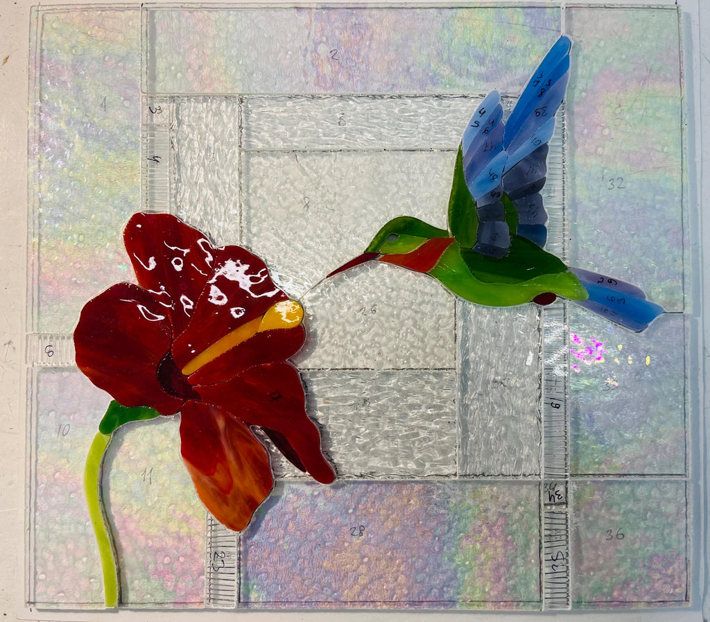Stained glass panel, hummingbird and Red hibiscus flower, Tiffany suncatcher, Personalized gift, Handmade window panel 12x11 in. Glass art