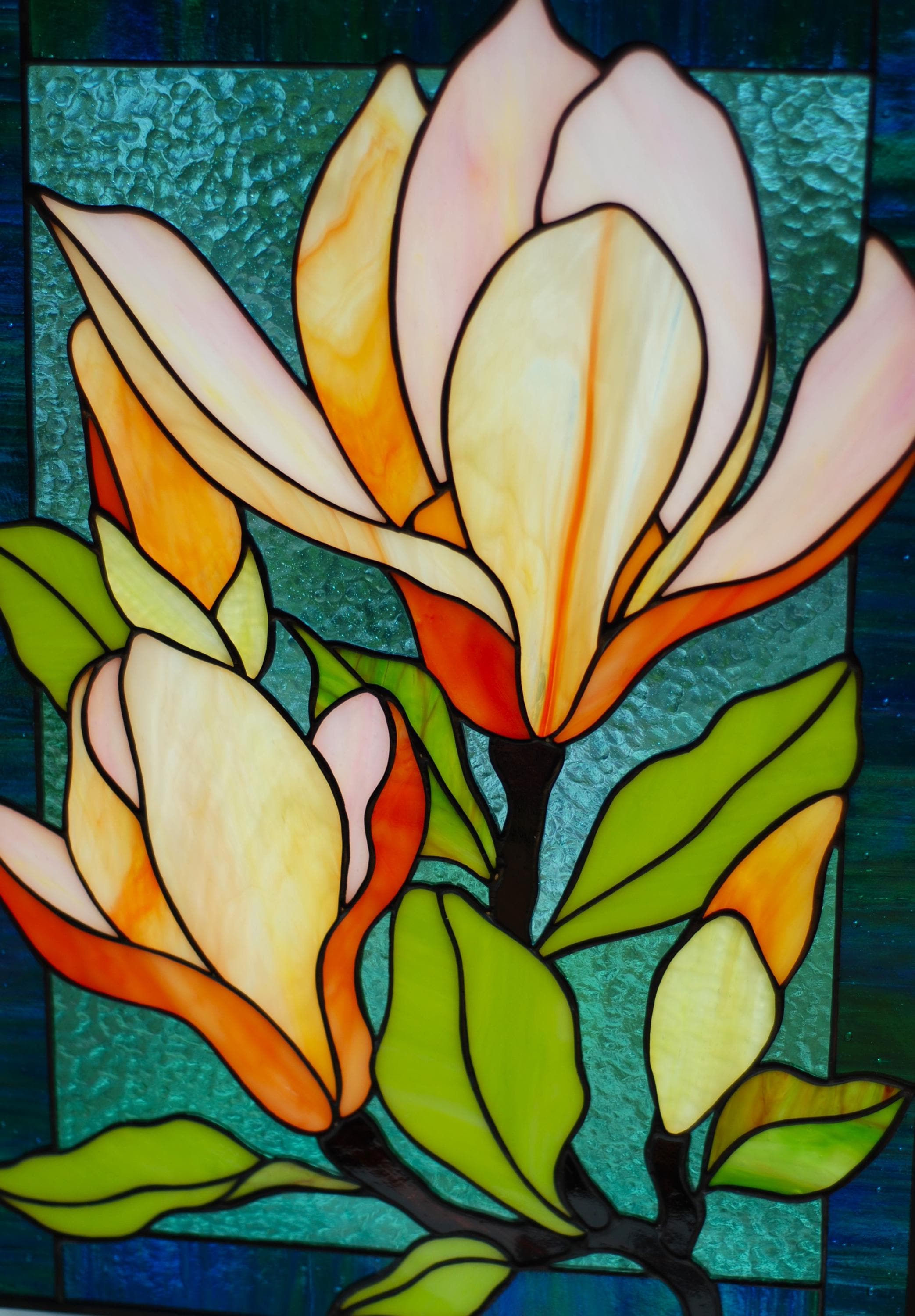 Orange Magnolia Stained Glass Window Panel, 14.5 x 10.5 inch. Suncatcher: Floral Window Hangings, Handmade Home decor, Tiffany Glass Art